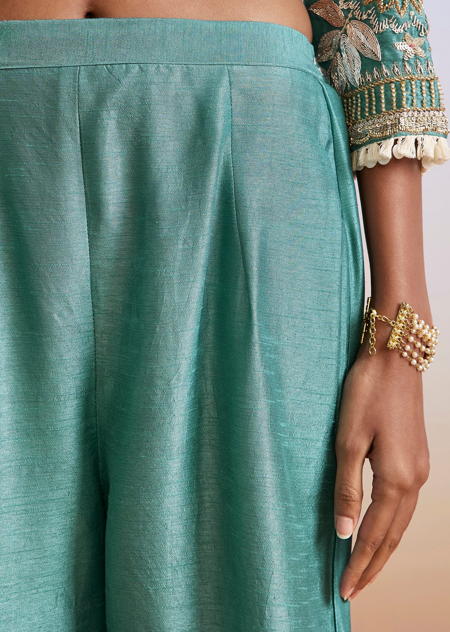 Turquoise Blue Embroidered Silk Palazzo Suit With Dupatta - Image 6