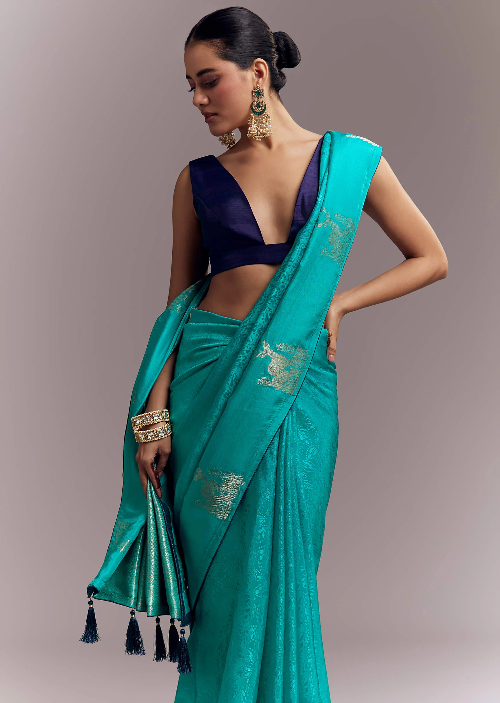 Turquoise Blue Jacquard Silk Saree With Brocade Work And Embroidery - Image 4