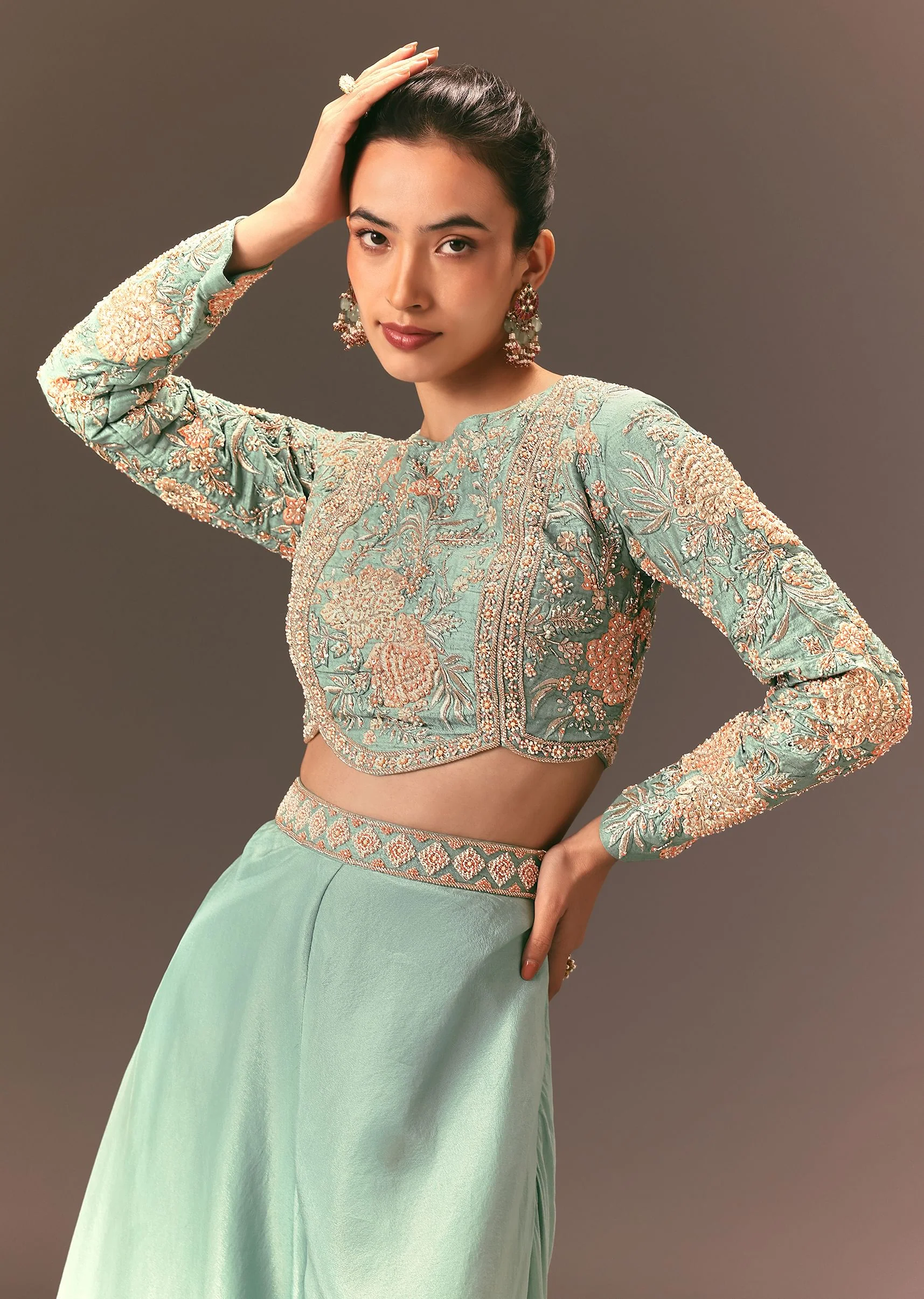 Turquoise Blue Raw Silk Hand Work Palazzo Suit - Image 2