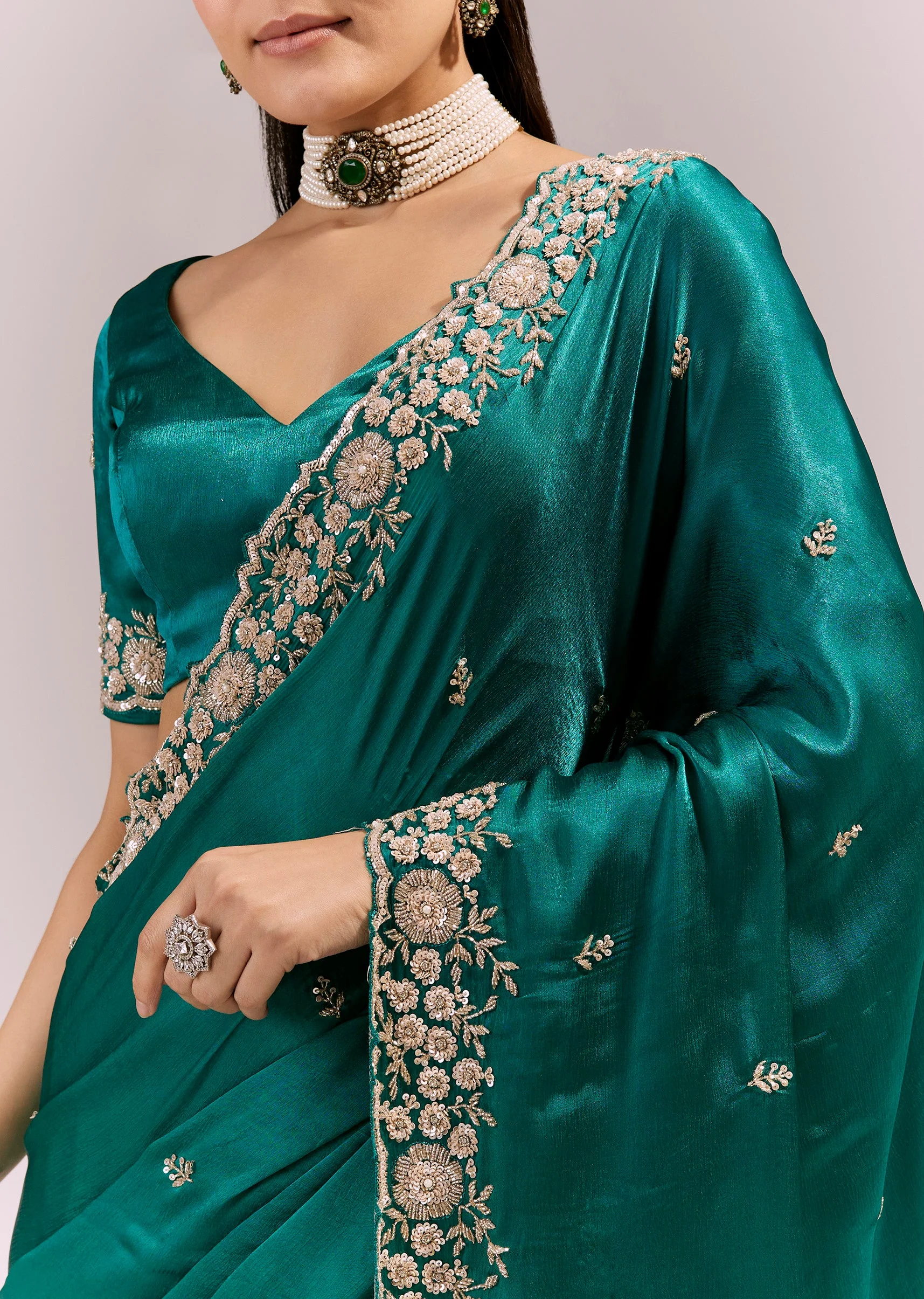Turquoise Blue Satin Chinon Saree With Cutwork Floral Embroidered Border - Image 2