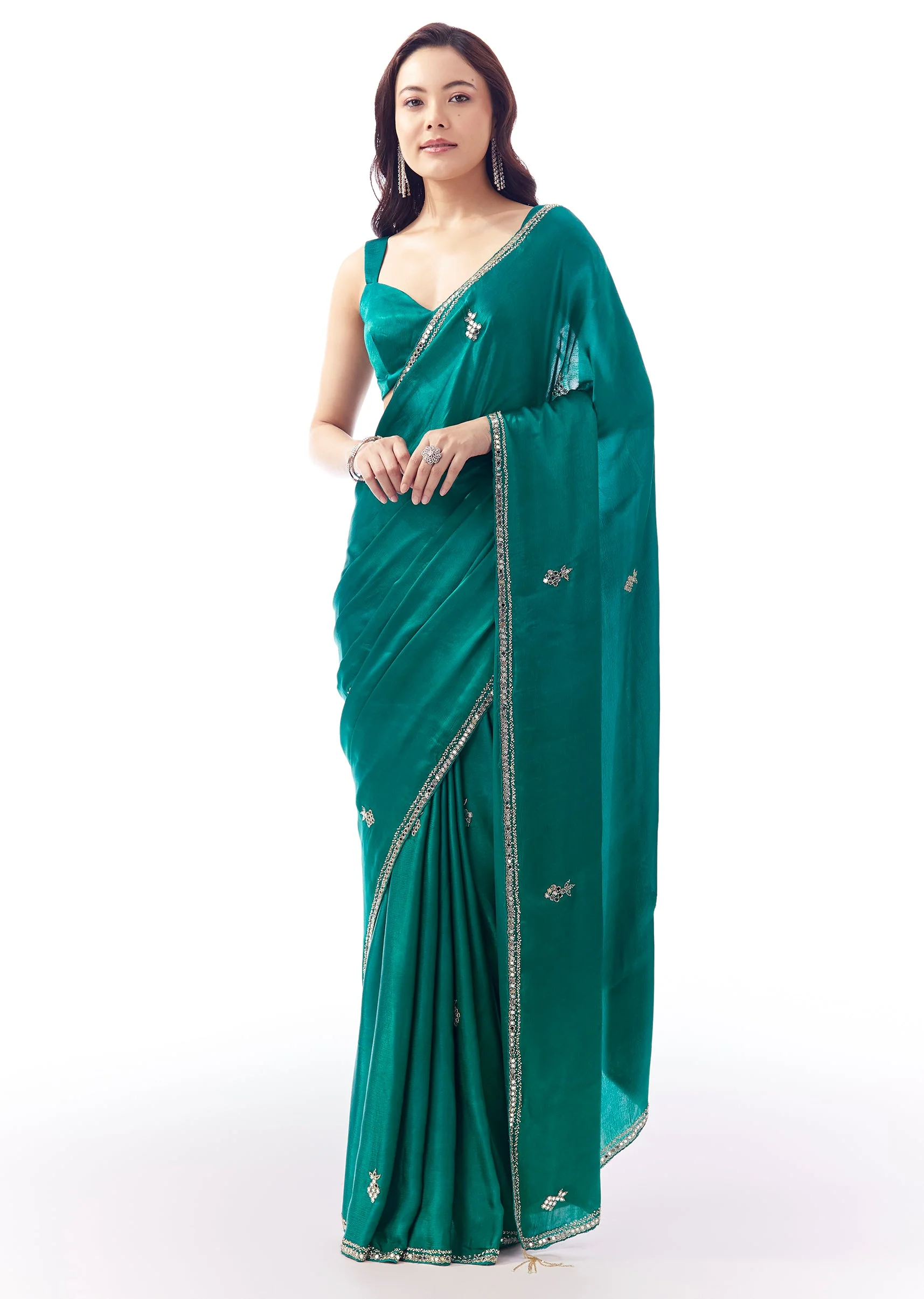 Turquoise Blue Satin Chinon Saree With Mirror And Bead Embroidered Border - Image 3