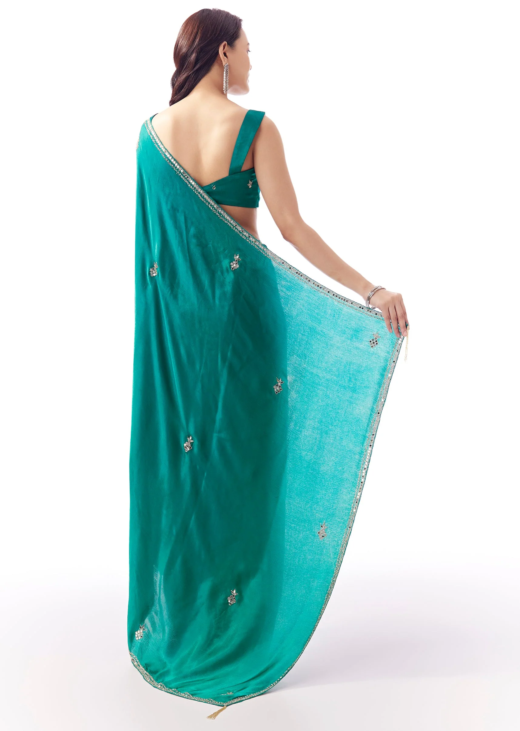 Turquoise Blue Satin Chinon Saree With Mirror And Bead Embroidered Border - Image 4