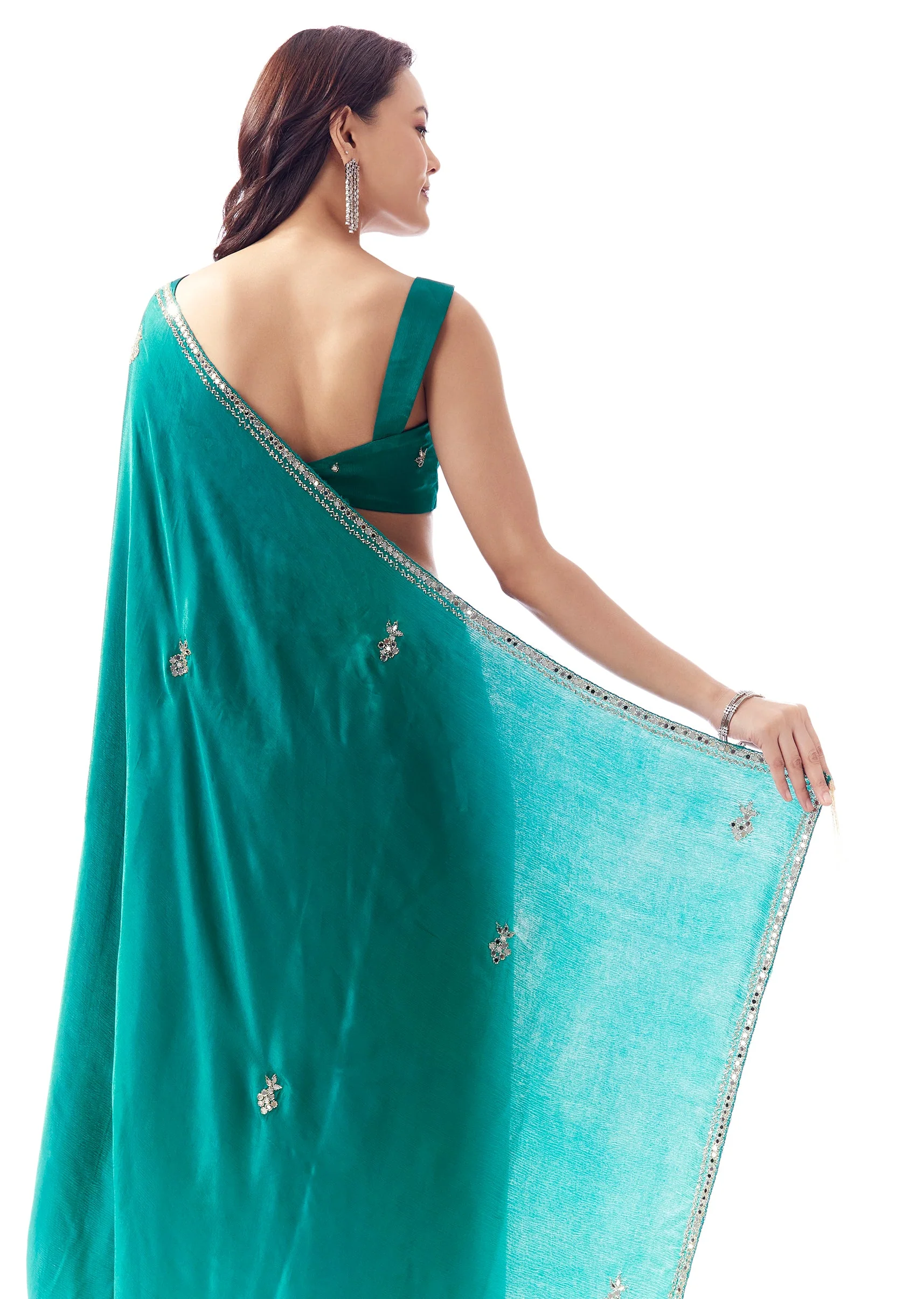 Turquoise Blue Satin Chinon Saree With Mirror And Bead Embroidered Border - Image 6