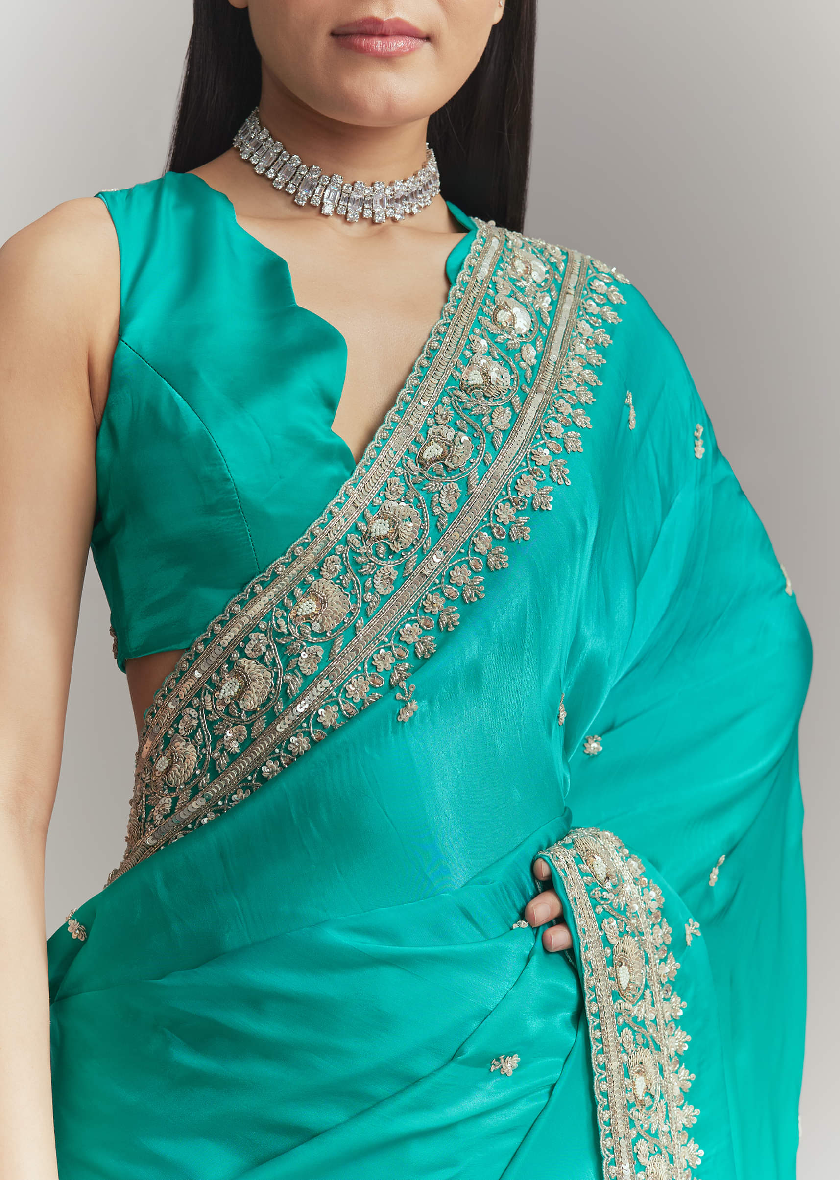 Turquoise Blue Satin Embroidered Saree With Heavy Hand Embroidery - Image 2