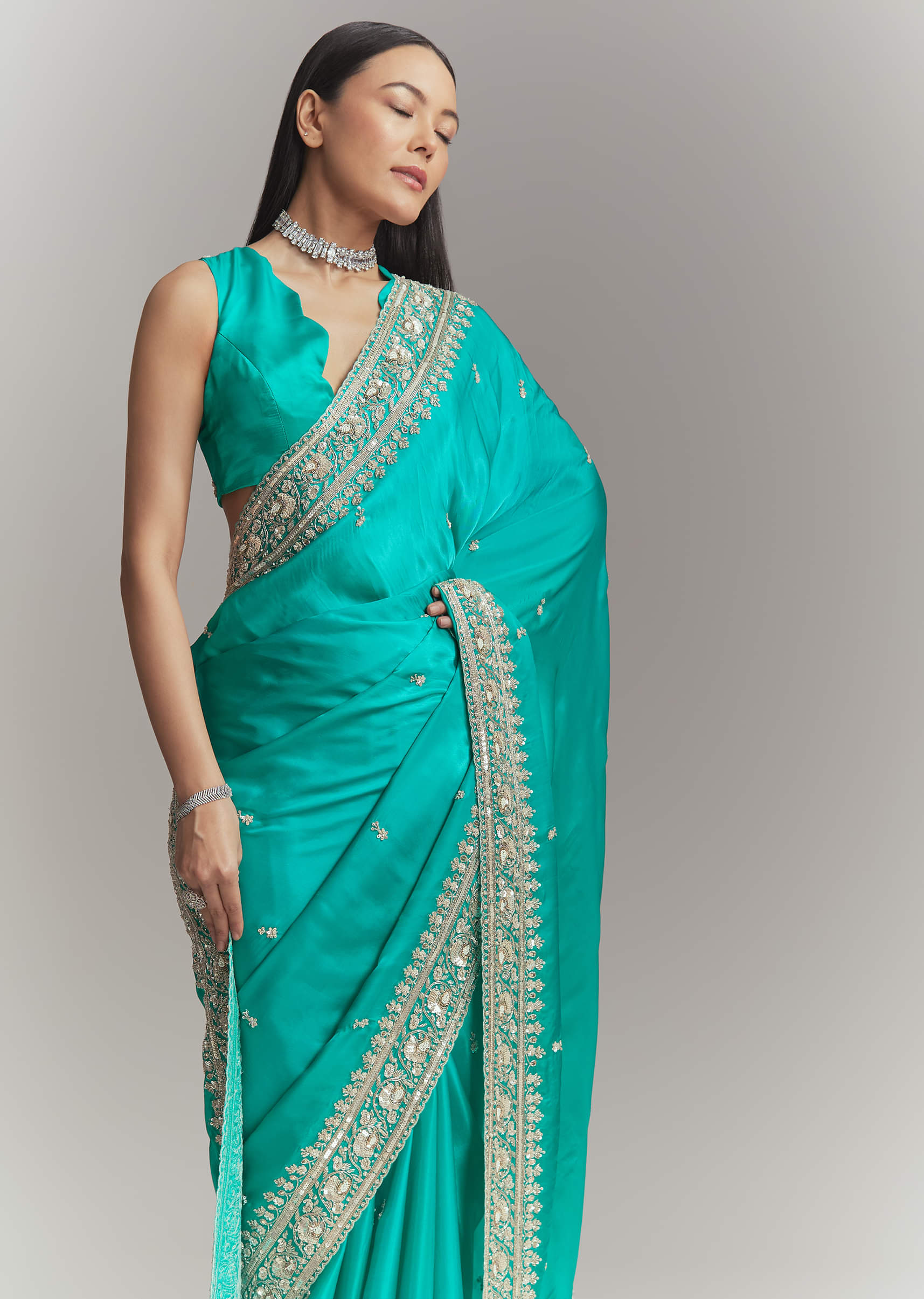 Turquoise Blue Satin Embroidered Saree With Heavy Hand Embroidery - Image 4