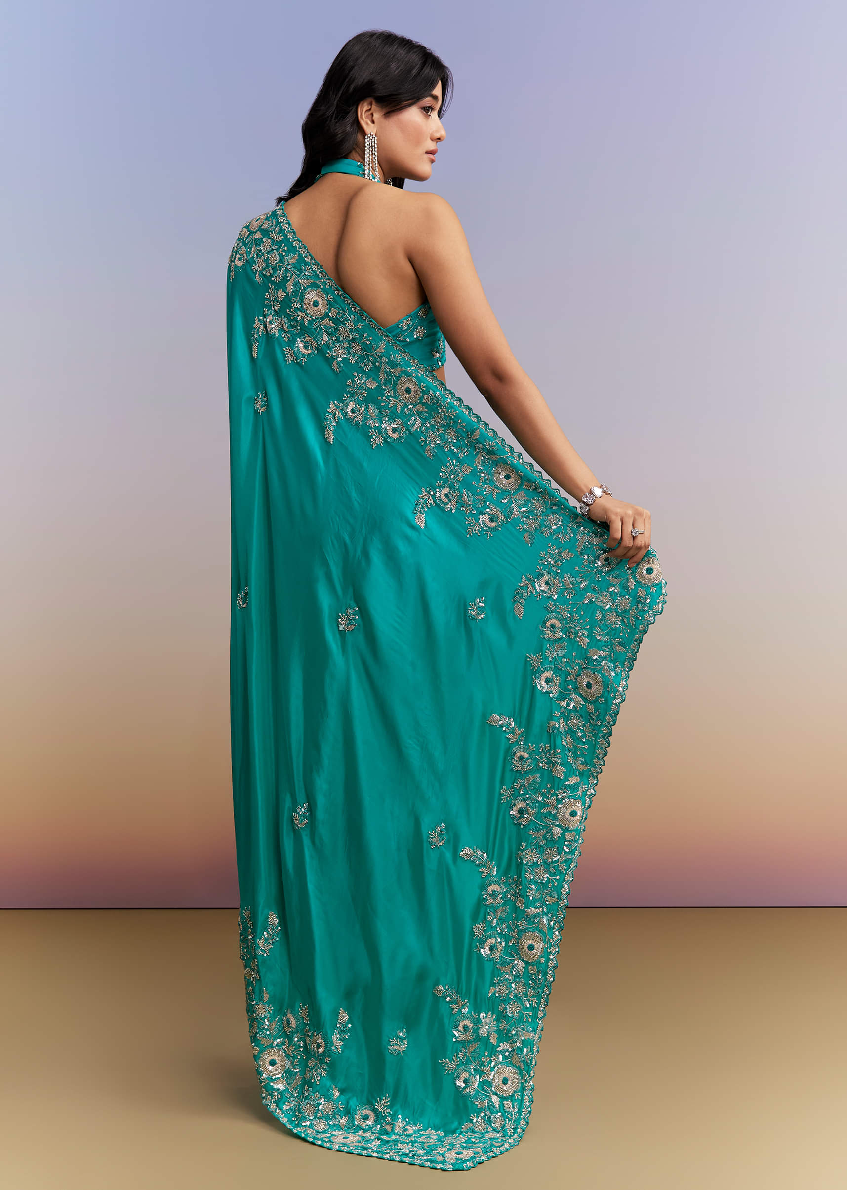 Turquoise Blue Satin Saree With Heavy Embroidered Details - Image 4