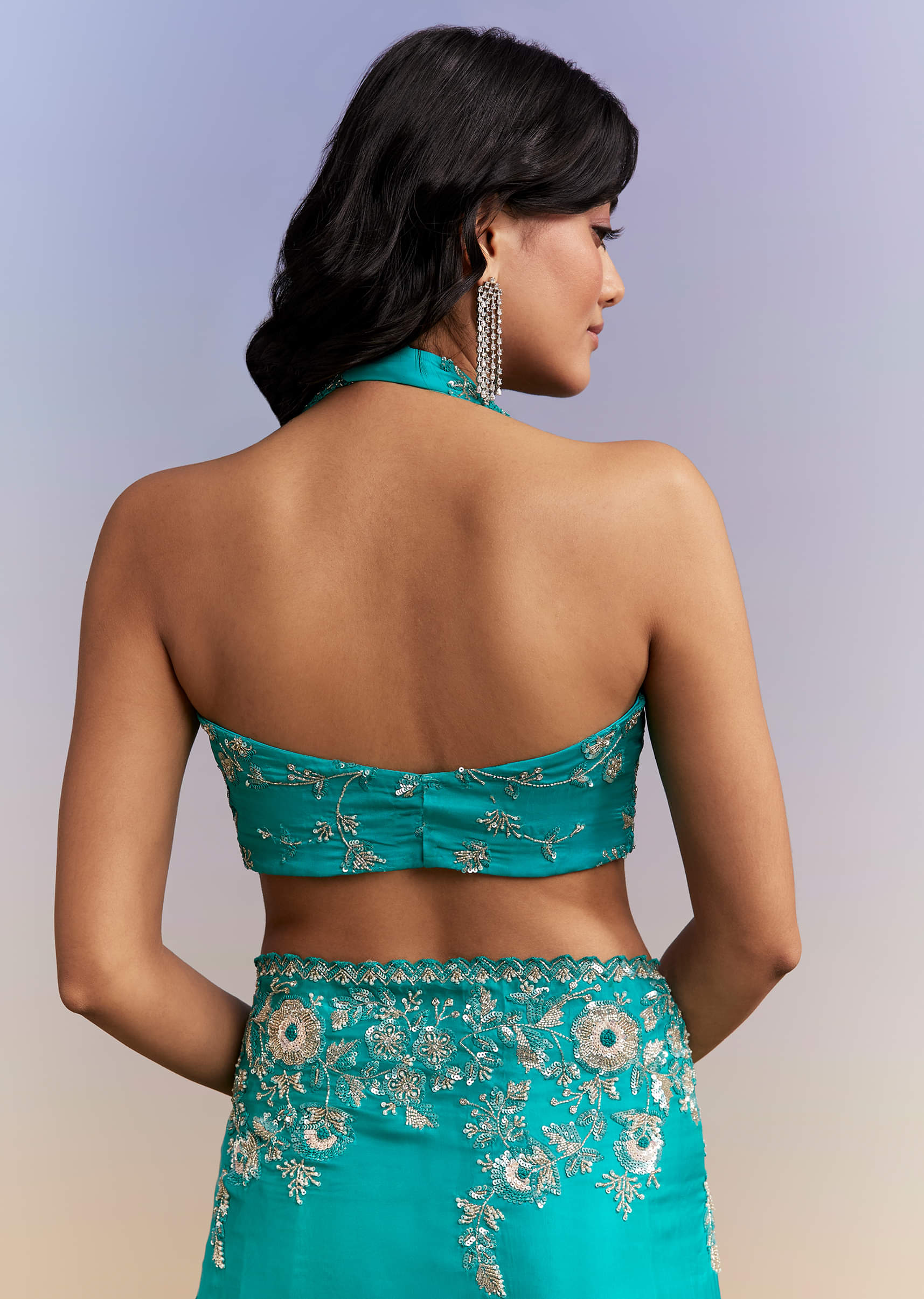 Turquoise Blue Satin Saree With Heavy Embroidered Details - Image 8