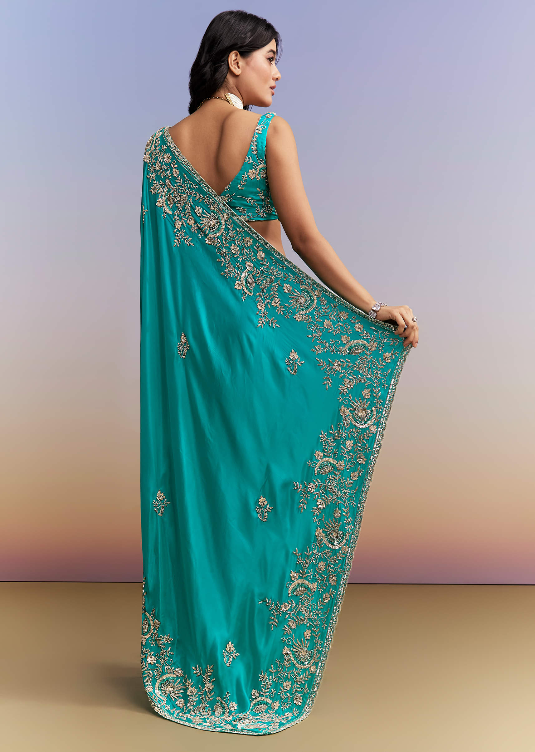 Turquoise Blue Satin Saree With Heavy Hand Work - Image 4