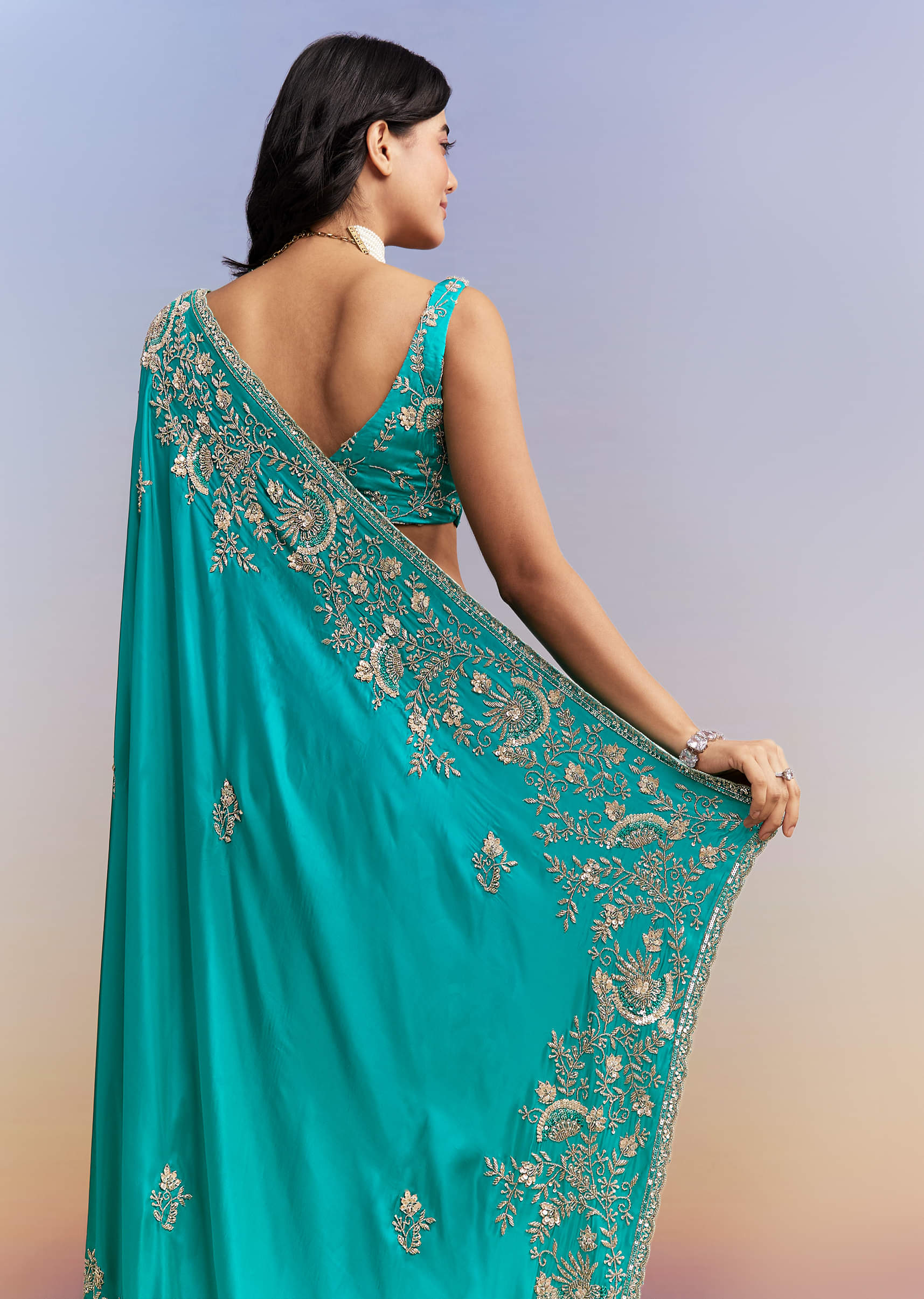 Turquoise Blue Satin Saree With Heavy Hand Work - Image 6