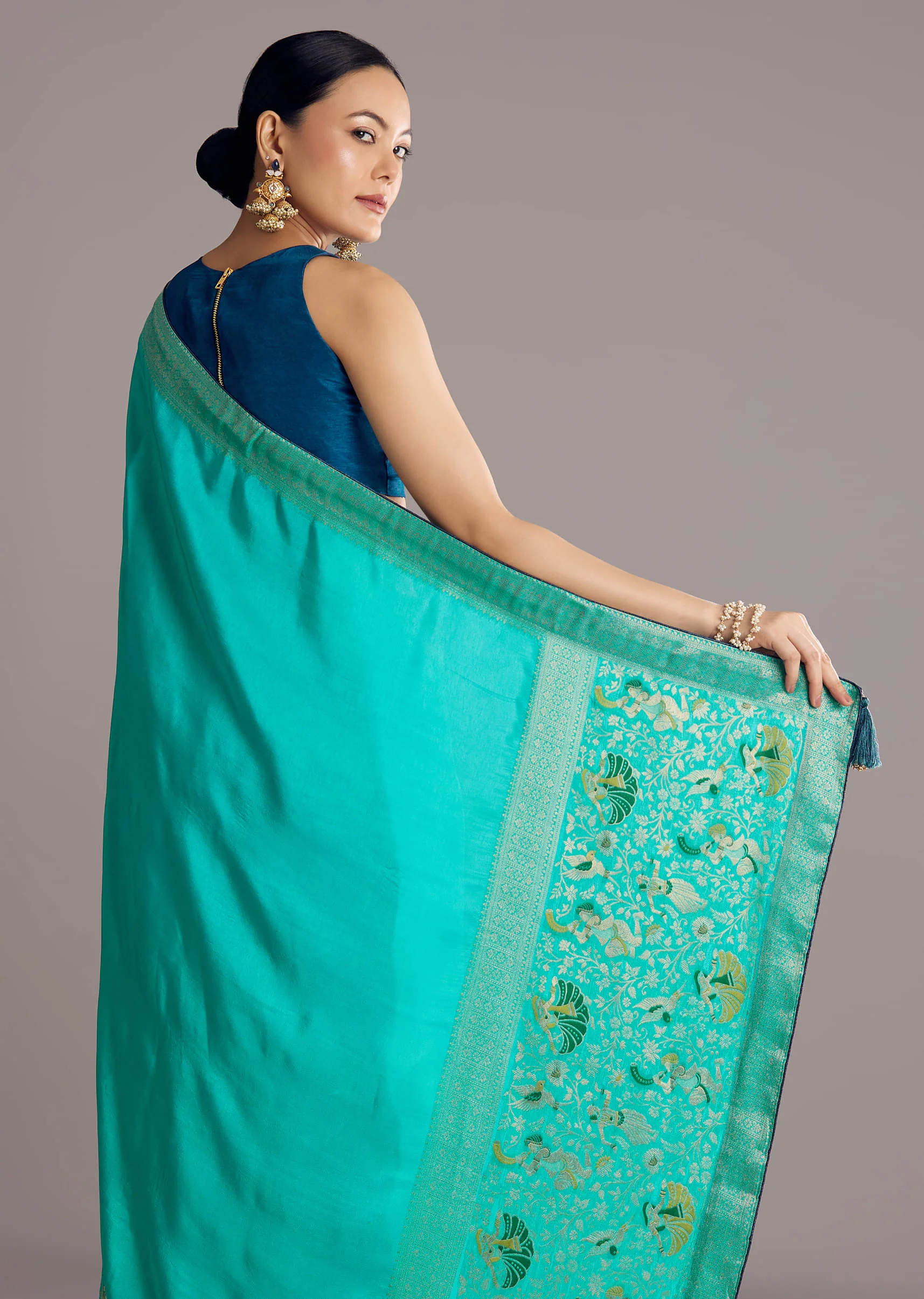 Turquoise Blue Woven Saree - Image 4