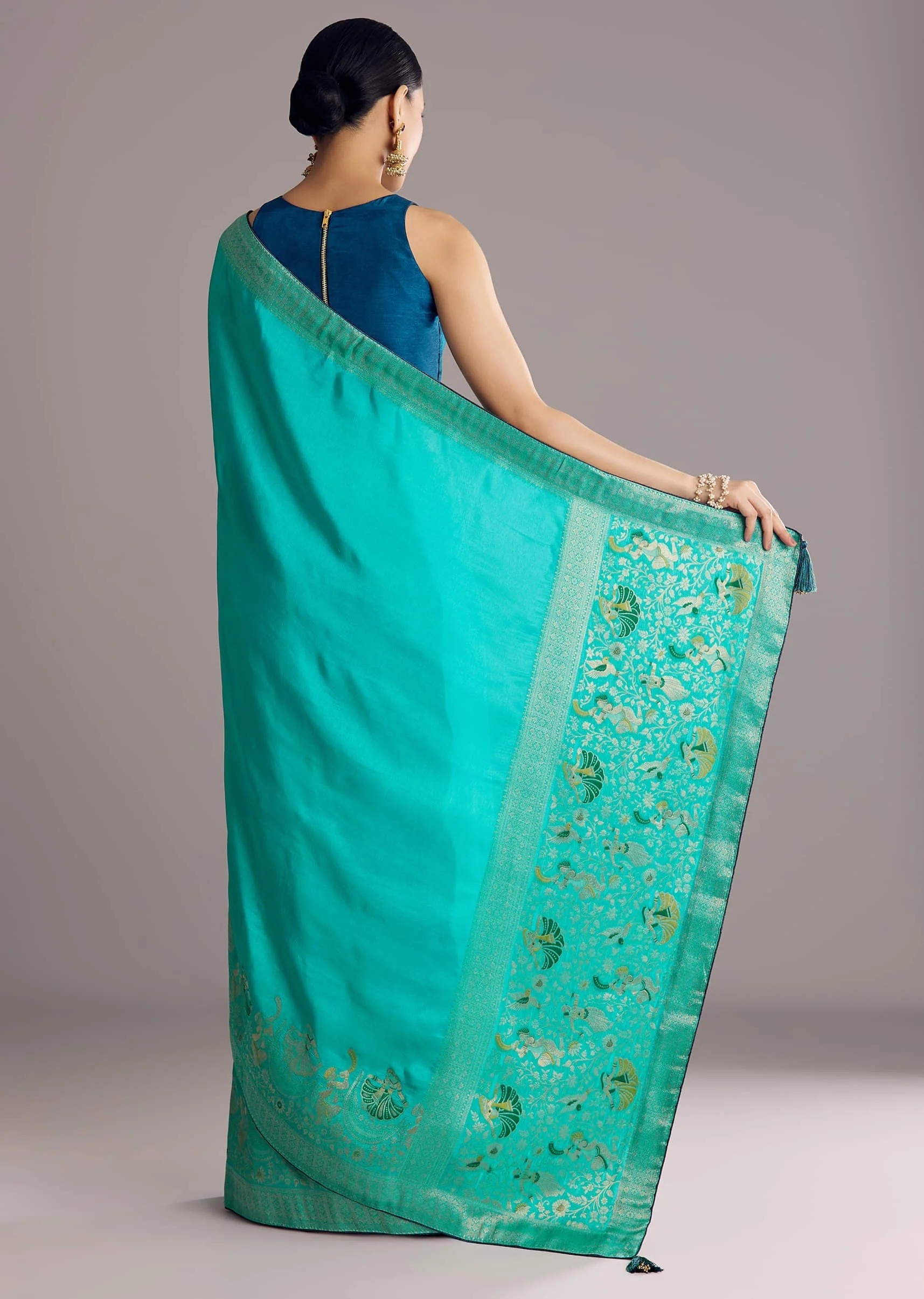 Turquoise Blue Woven Saree - Image 6
