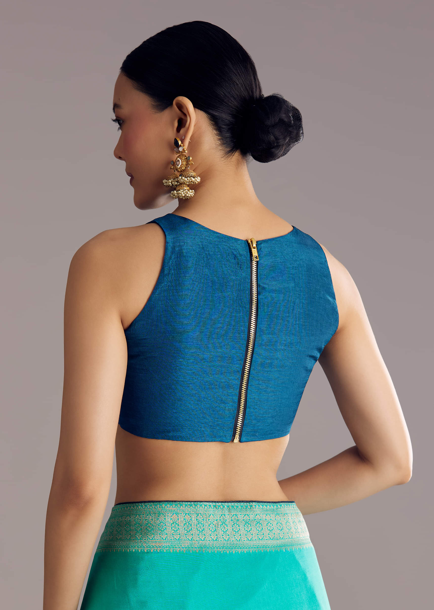 Turquoise Blue Woven Saree - Image 8