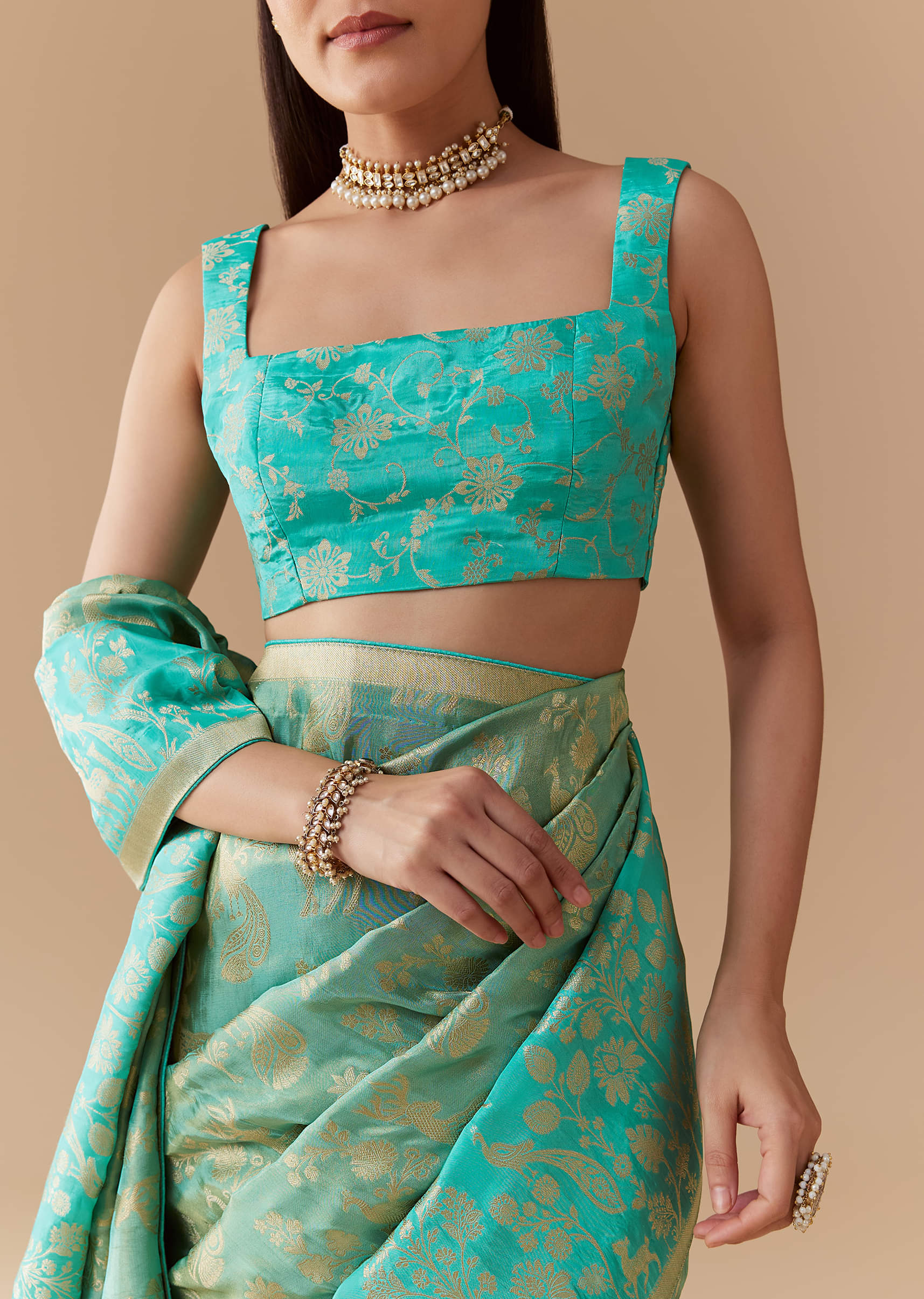 Turquoise Blue Zari Weave Silk Saree with Unstitched Blouse - Image 2