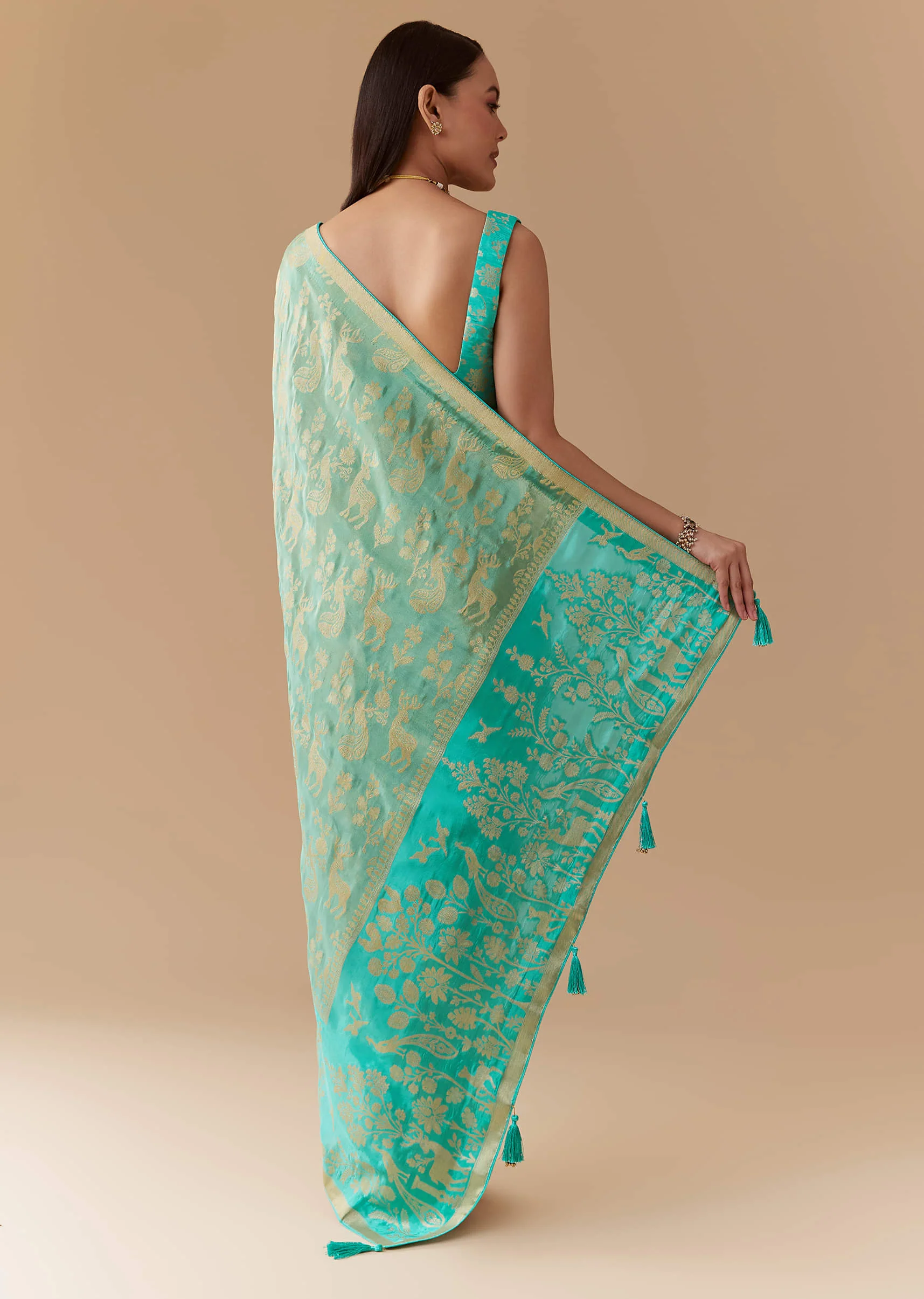 Turquoise Blue Zari Weave Silk Saree with Unstitched Blouse - Image 4