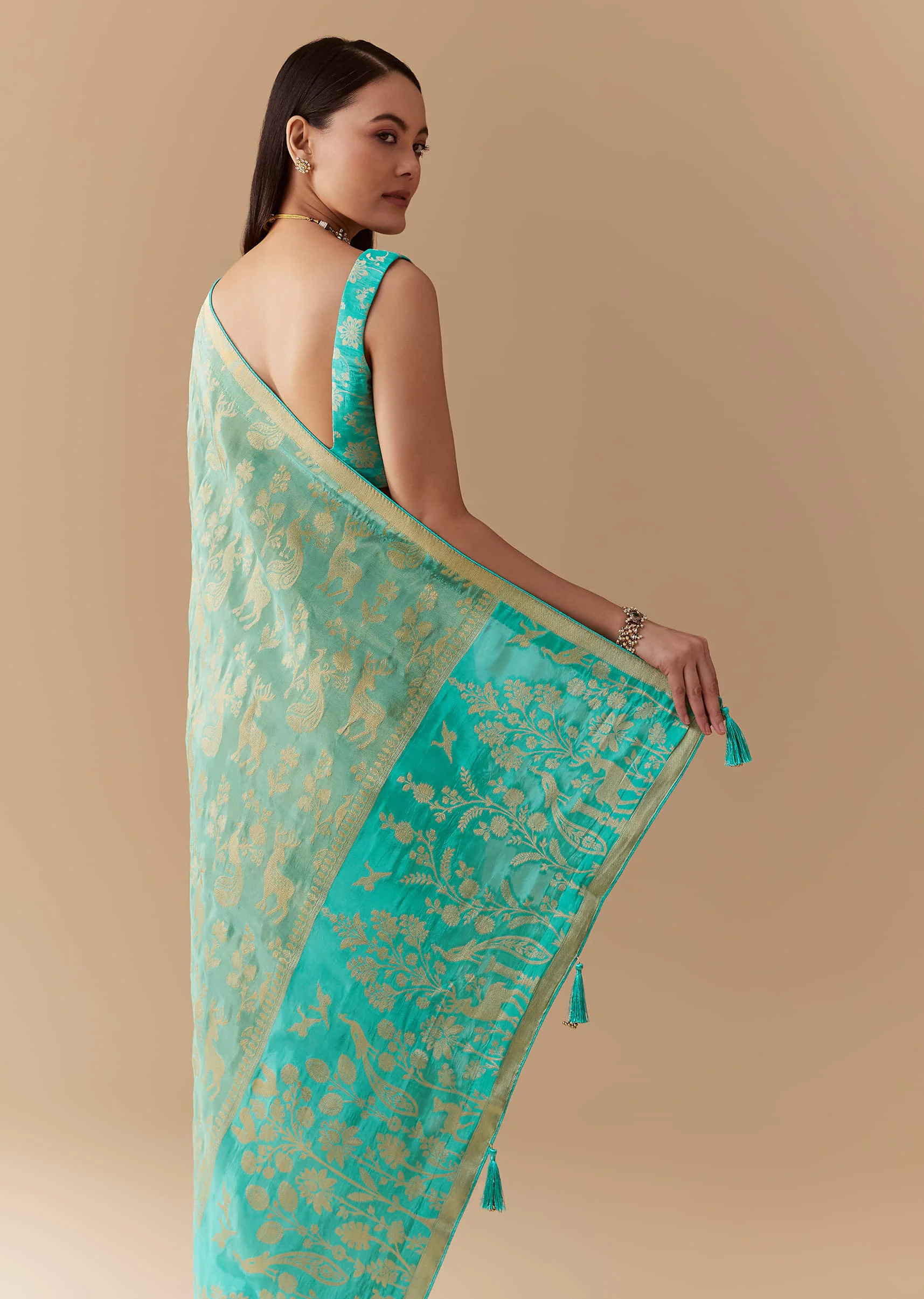 Turquoise Blue Zari Weave Silk Saree with Unstitched Blouse - Image 6