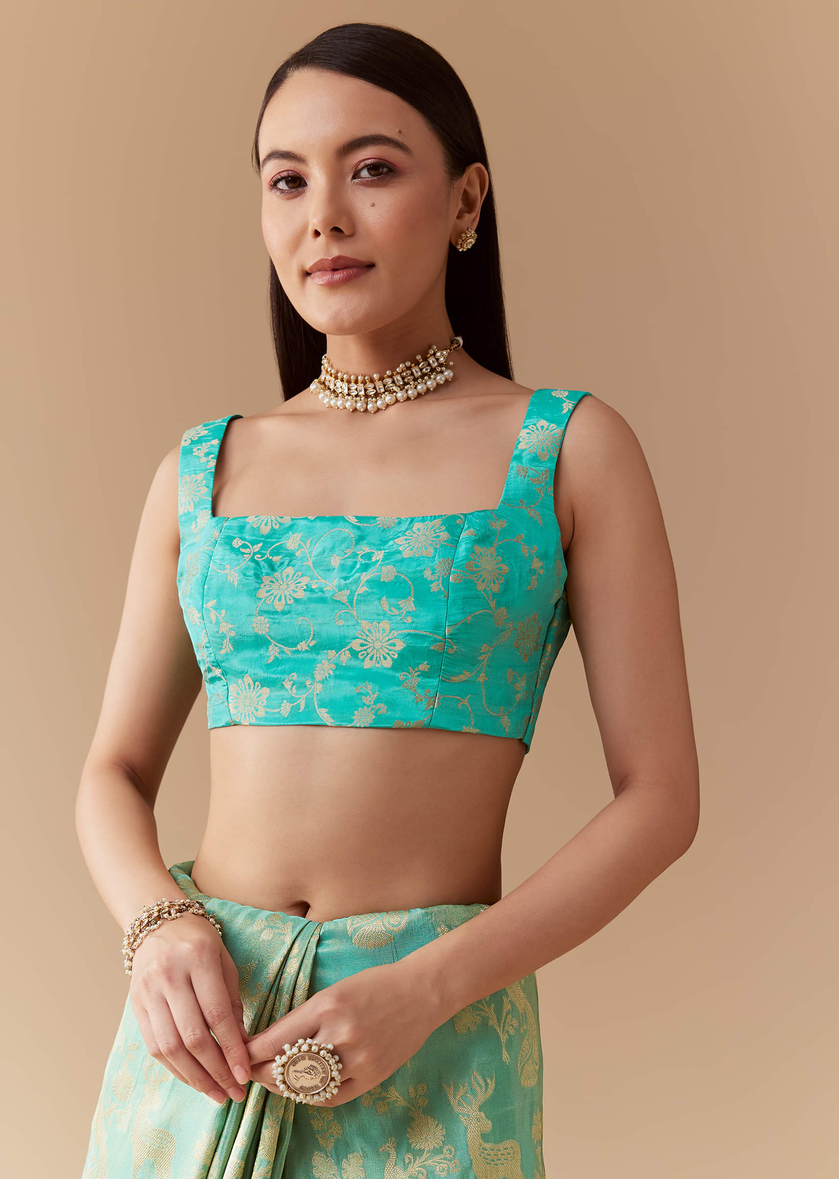 Turquoise Blue Zari Weave Silk Saree with Unstitched Blouse - Image 7
