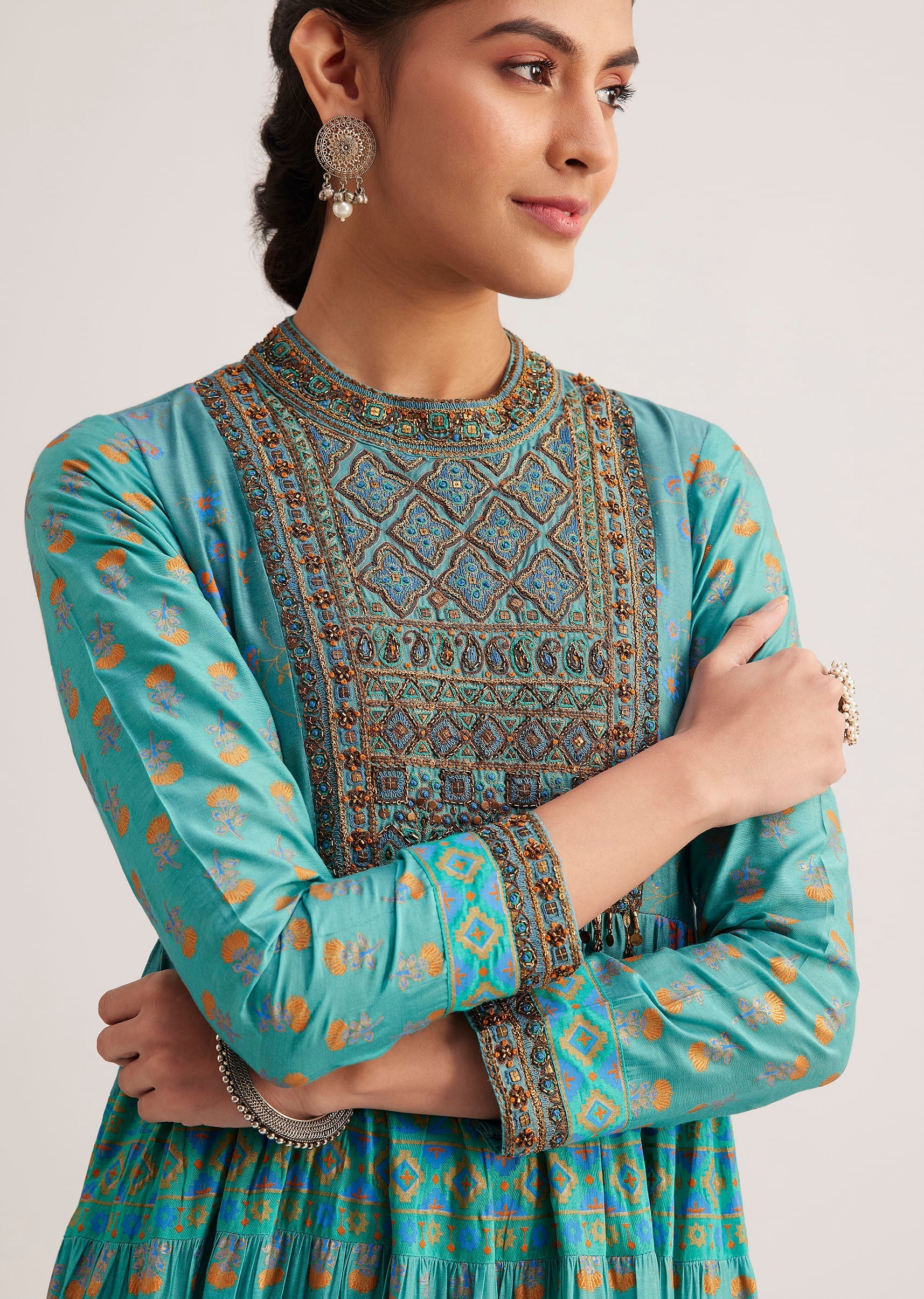 Turquoise Chanderi Kurta With Indie Print - Image 2