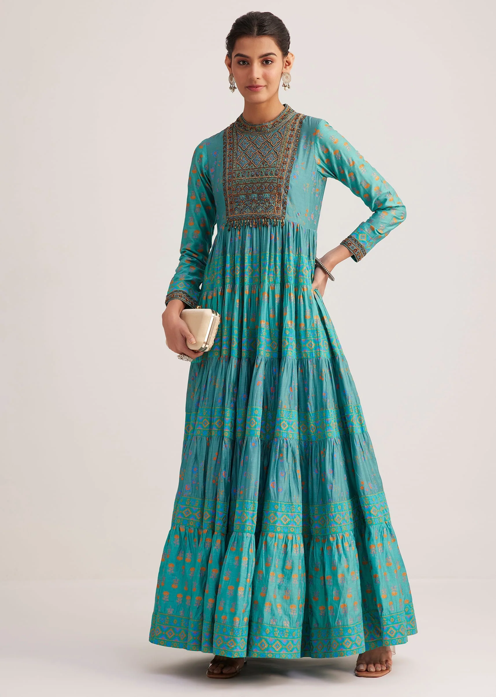Turquoise Chanderi Kurta With Indie Print - Image 3