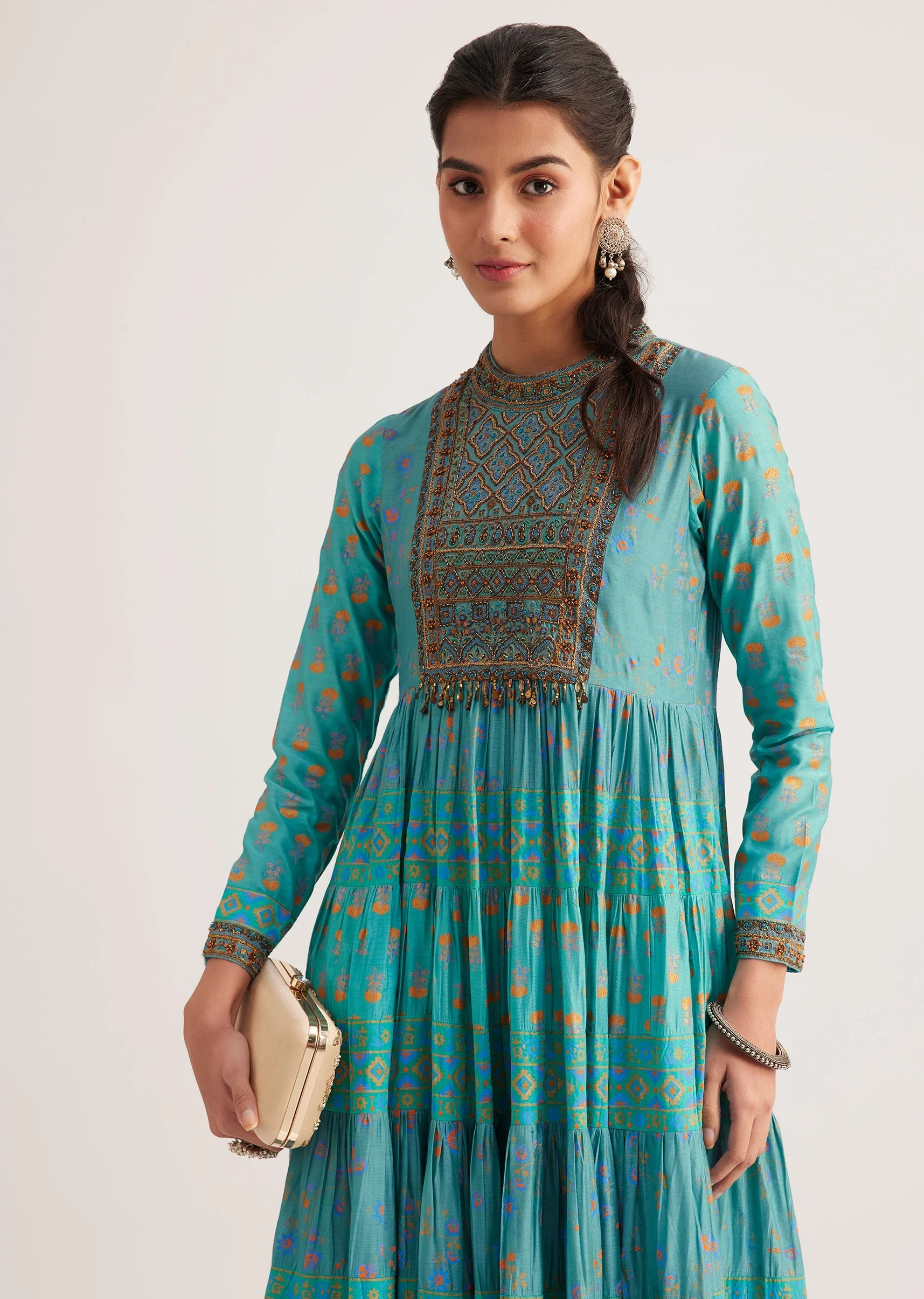 Turquoise Chanderi Kurta With Indie Print - Image 4