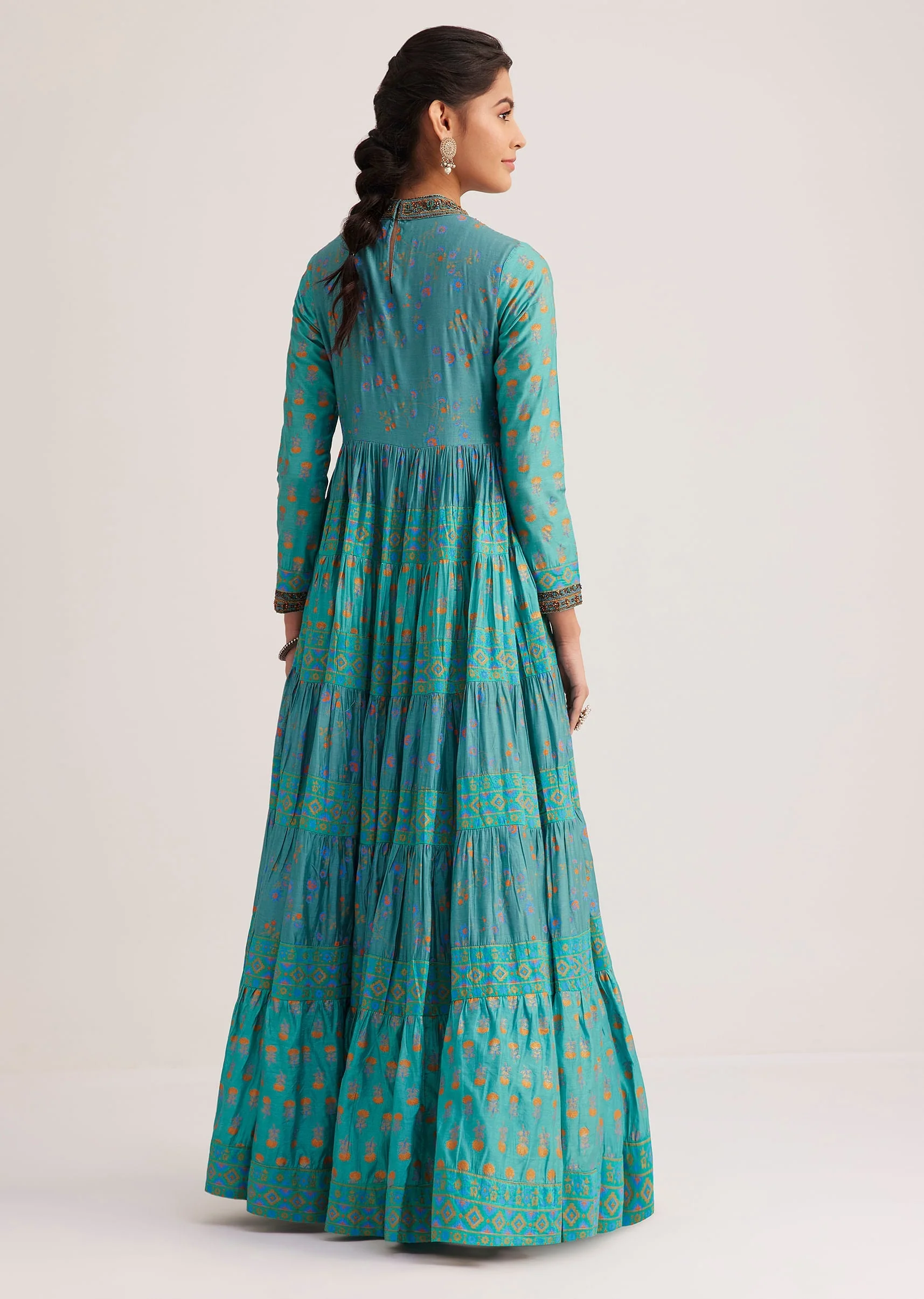 Turquoise Chanderi Kurta With Indie Print - Image 5