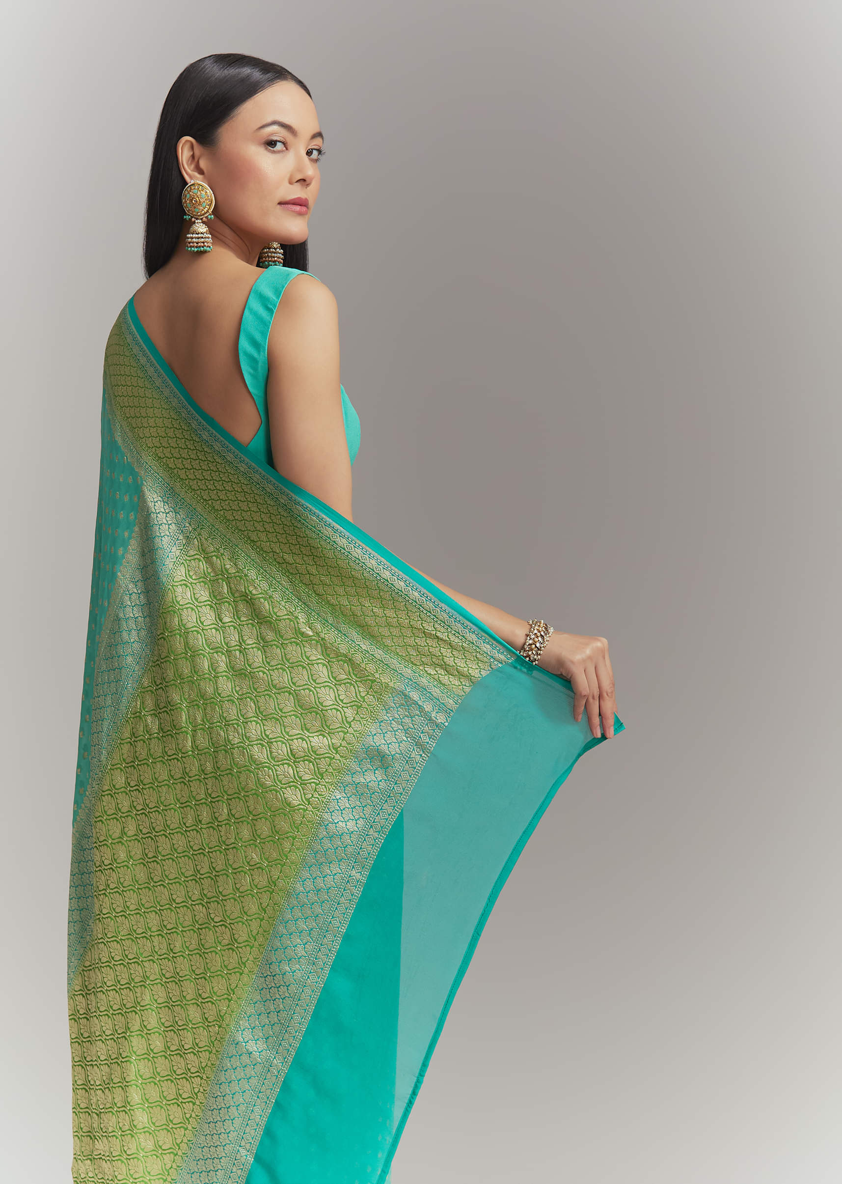 Turquoise Georgette Woven Saree With Parrot Green Contrast Work - Image 6