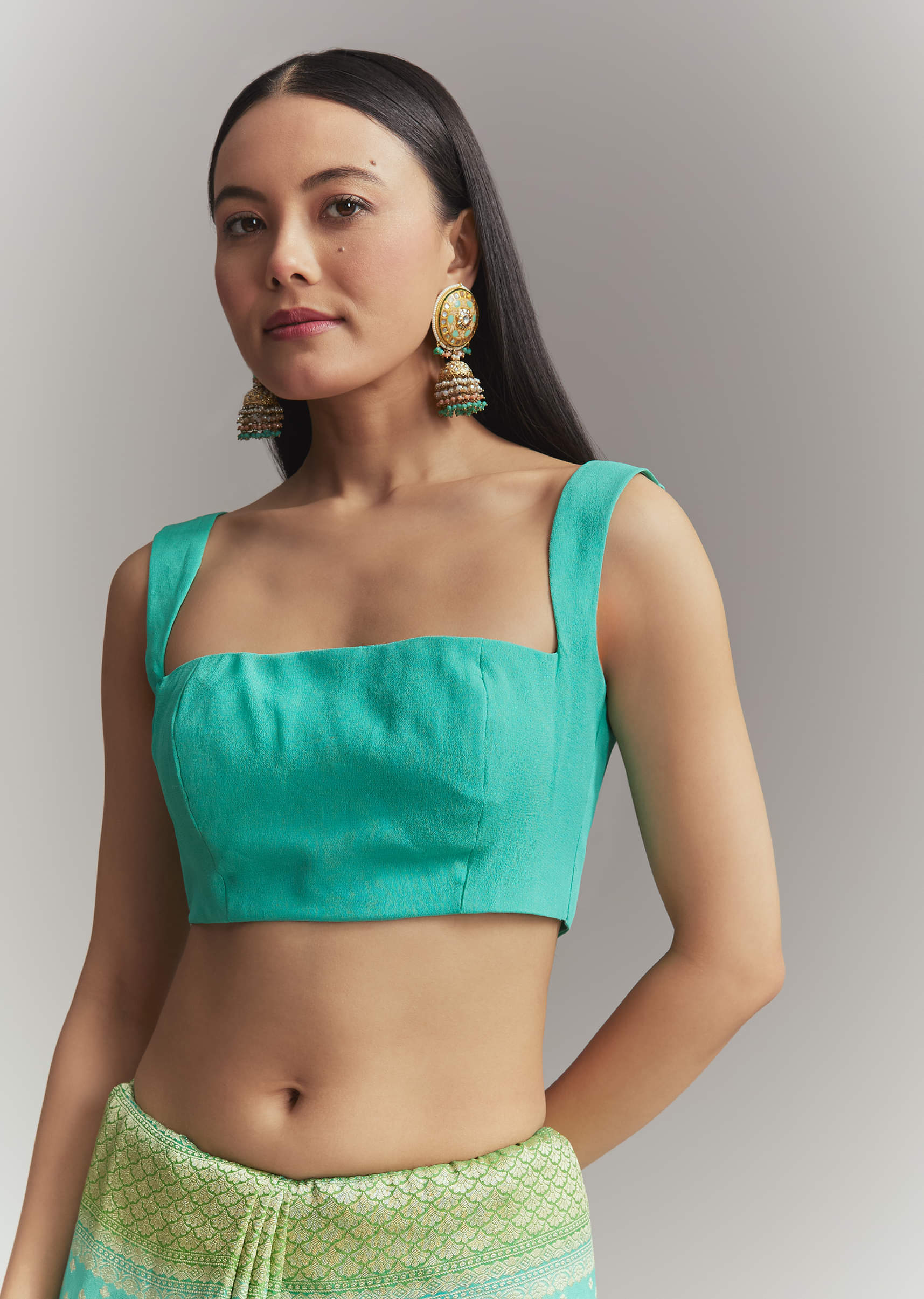 Turquoise Georgette Woven Saree With Parrot Green Contrast Work - Image 7