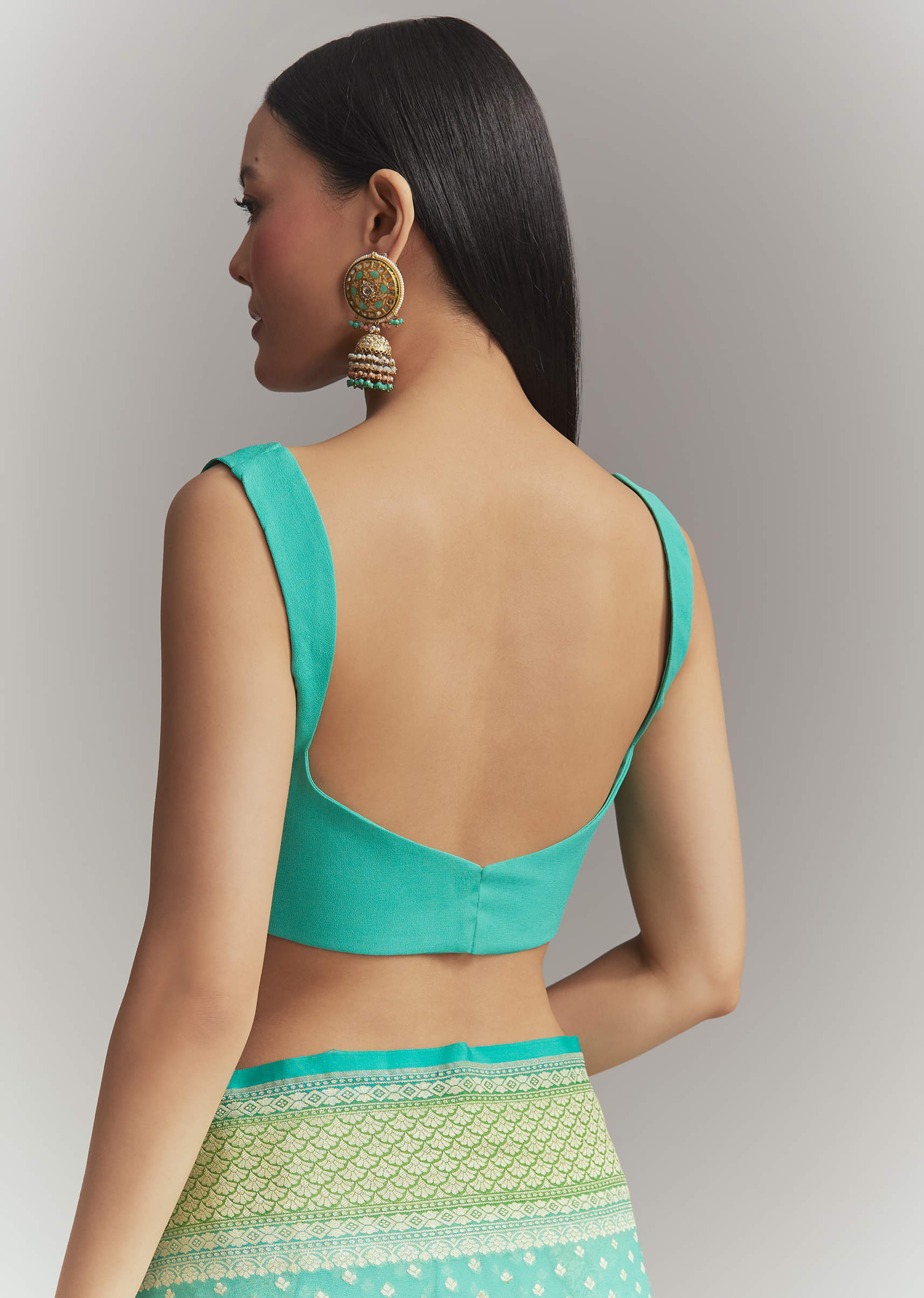 Turquoise Georgette Woven Saree With Parrot Green Contrast Work - Image 8