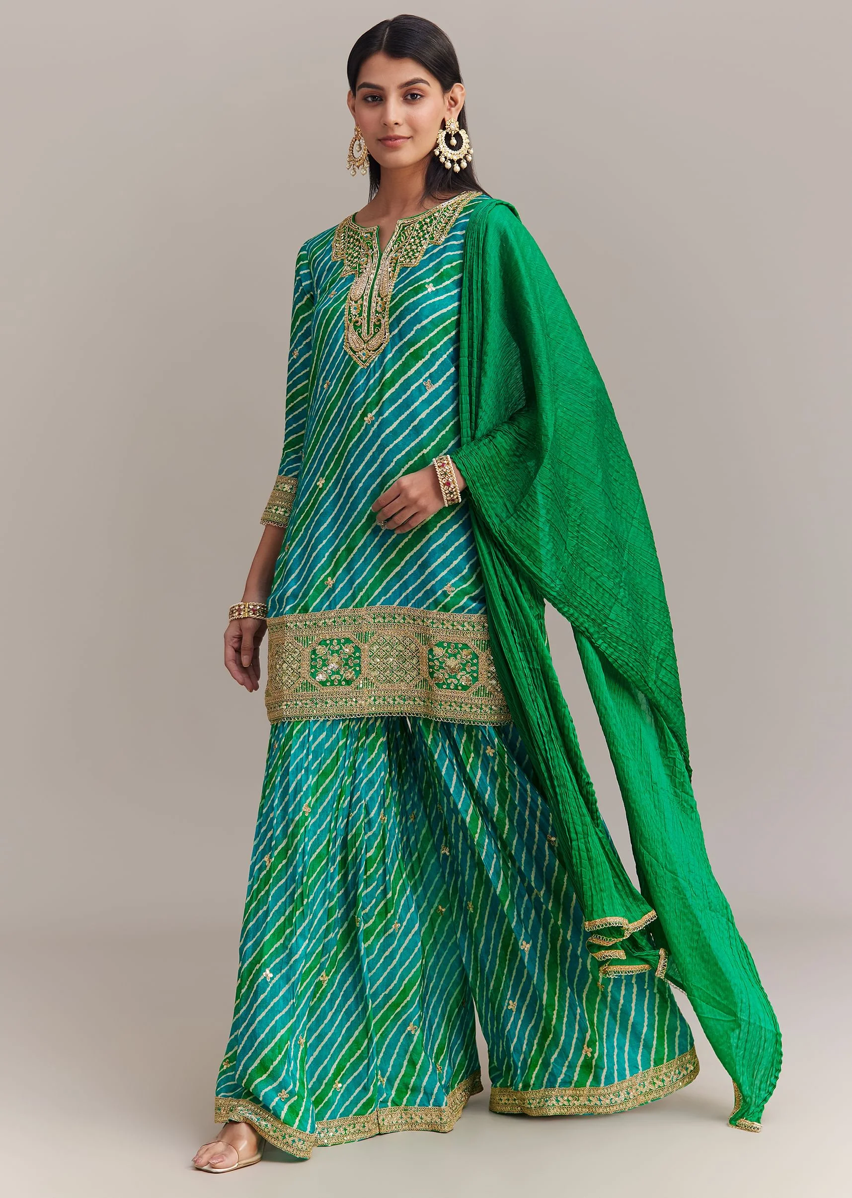 Turquoise Green Chinon Leheriya Embroidered Sharara Set - Image 3