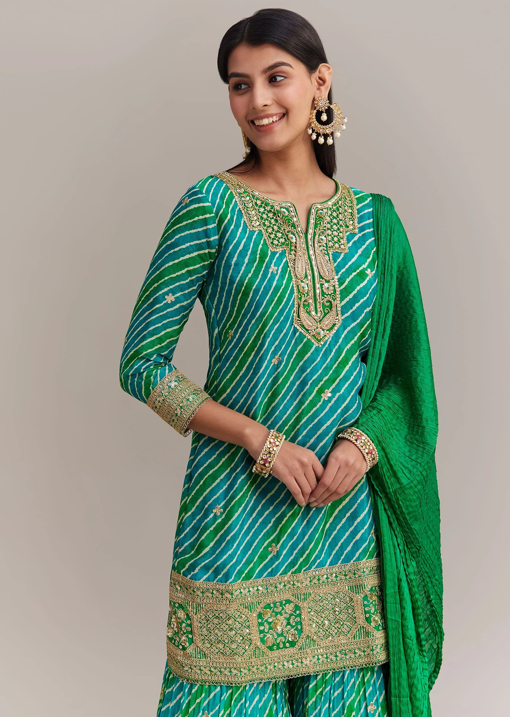 Turquoise Green Chinon Leheriya Embroidered Sharara Set - Image 4