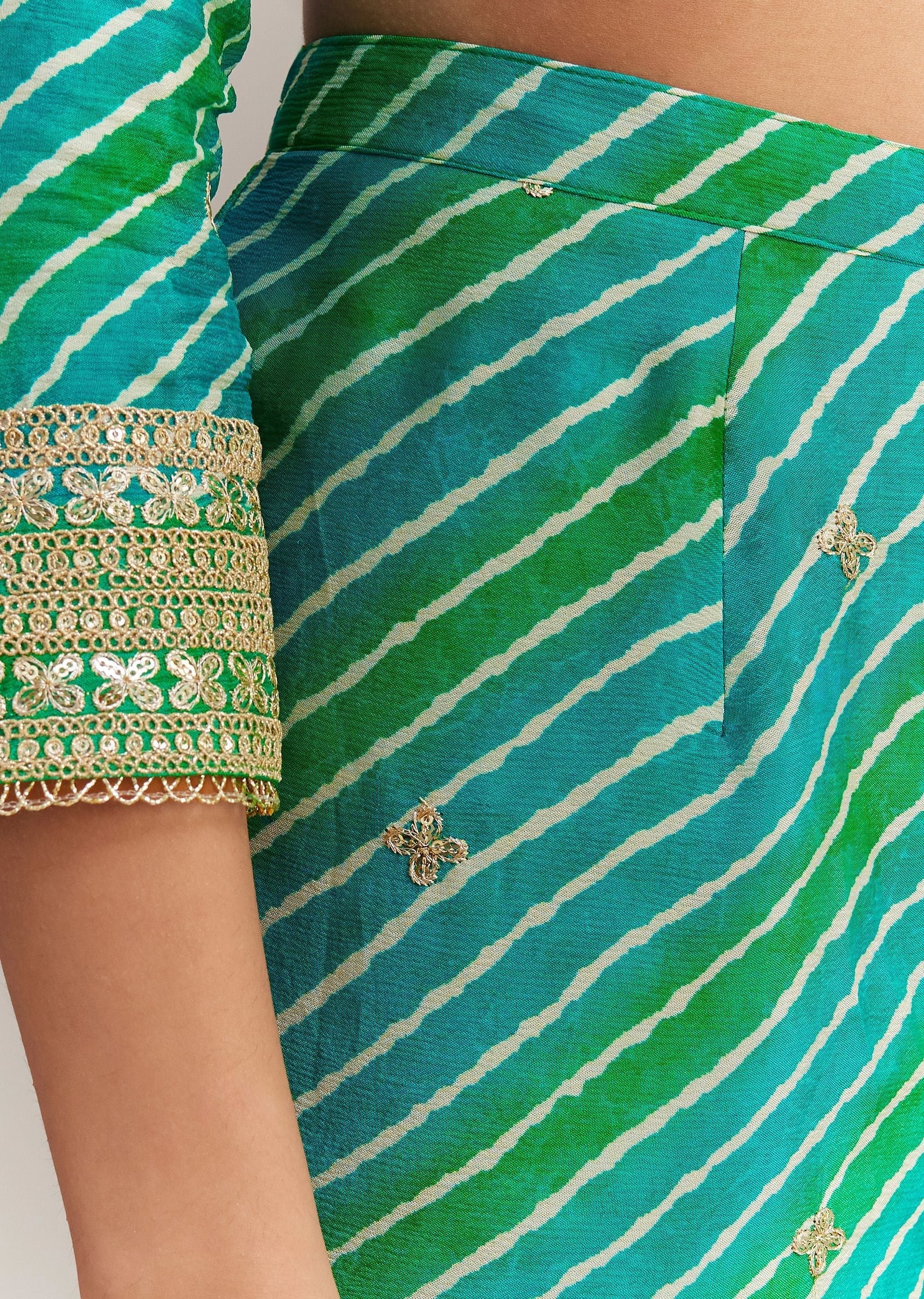 Turquoise Green Chinon Leheriya Embroidered Sharara Set - Image 6