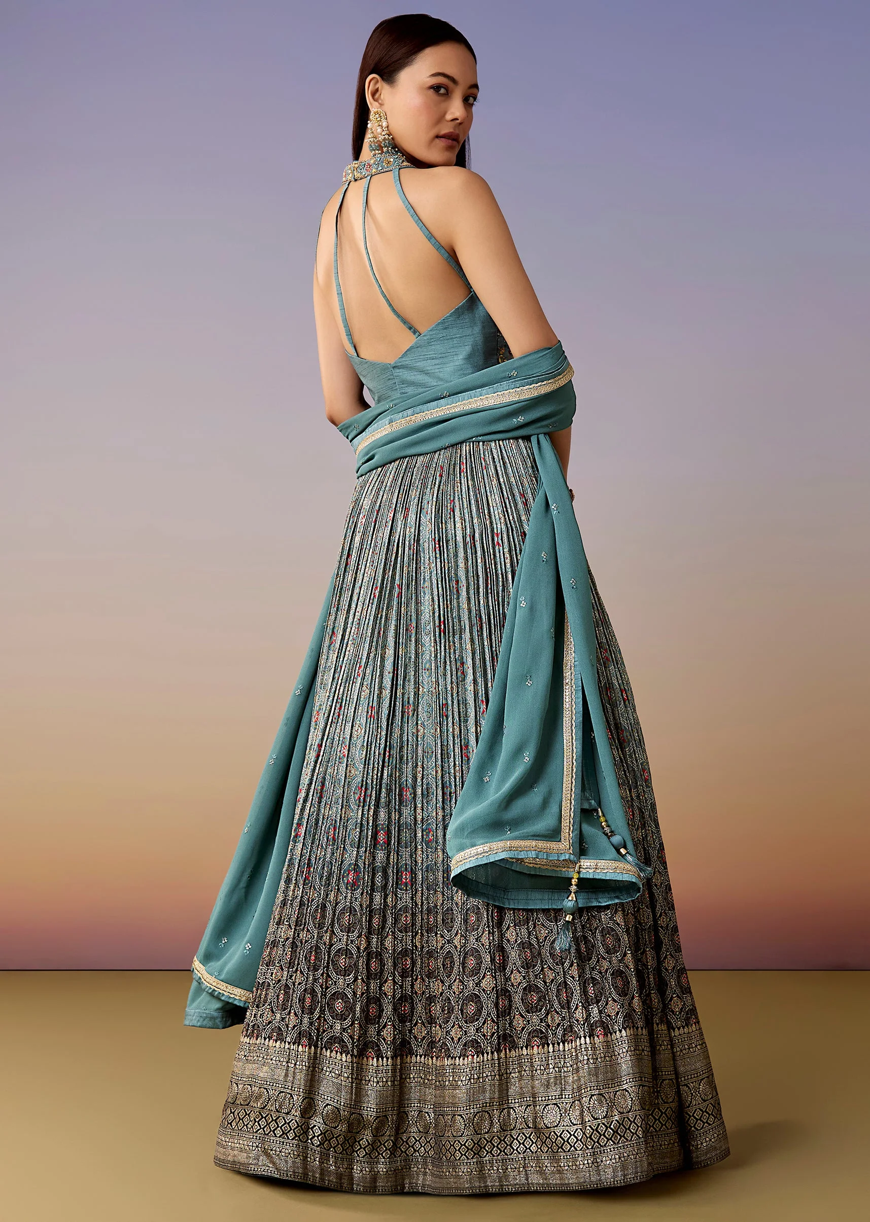 Turquoise Printed Halter Bridesmaid Lehenga Set - Image 2