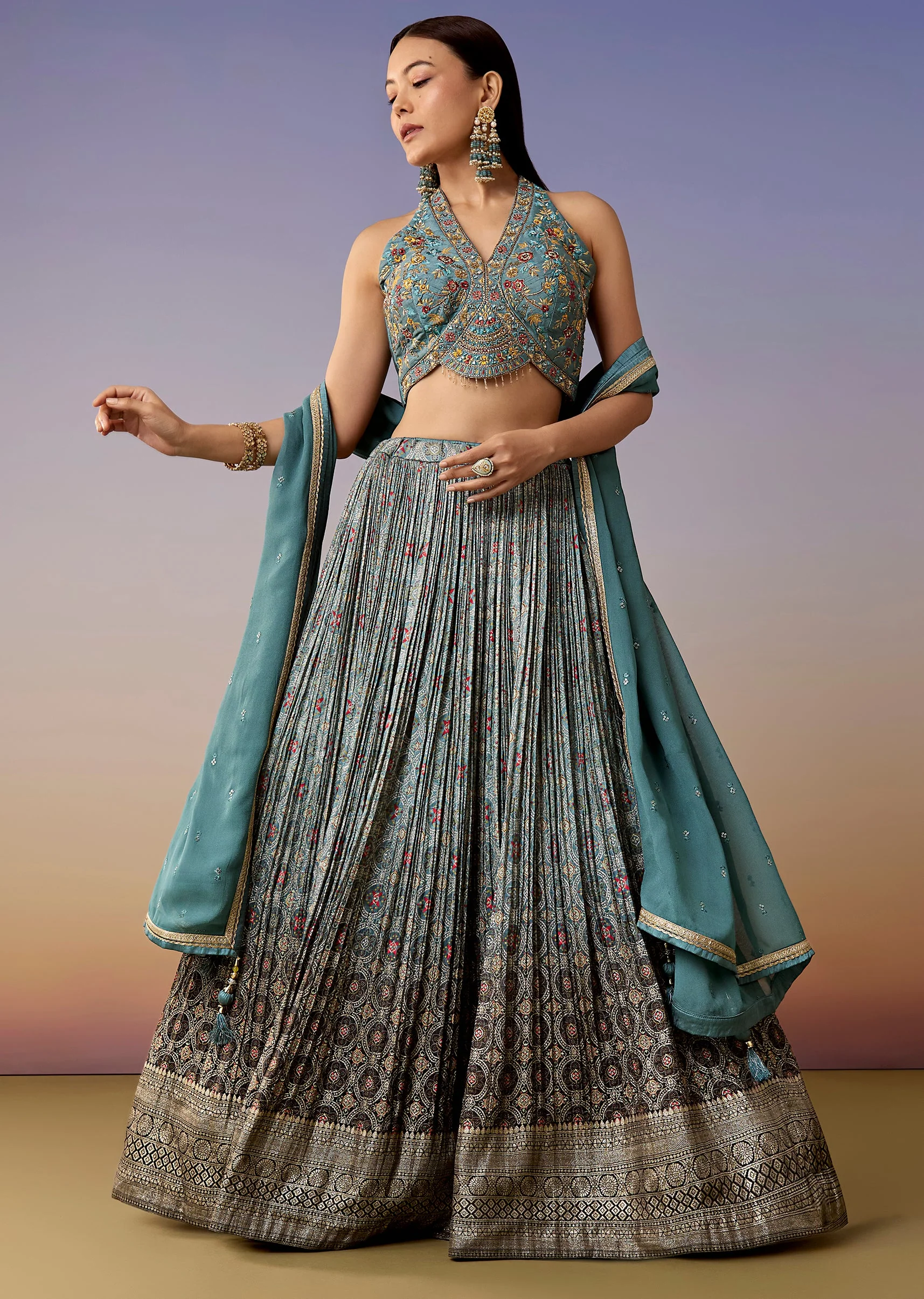 Turquoise Printed Halter Bridesmaid Lehenga Set - Image 4