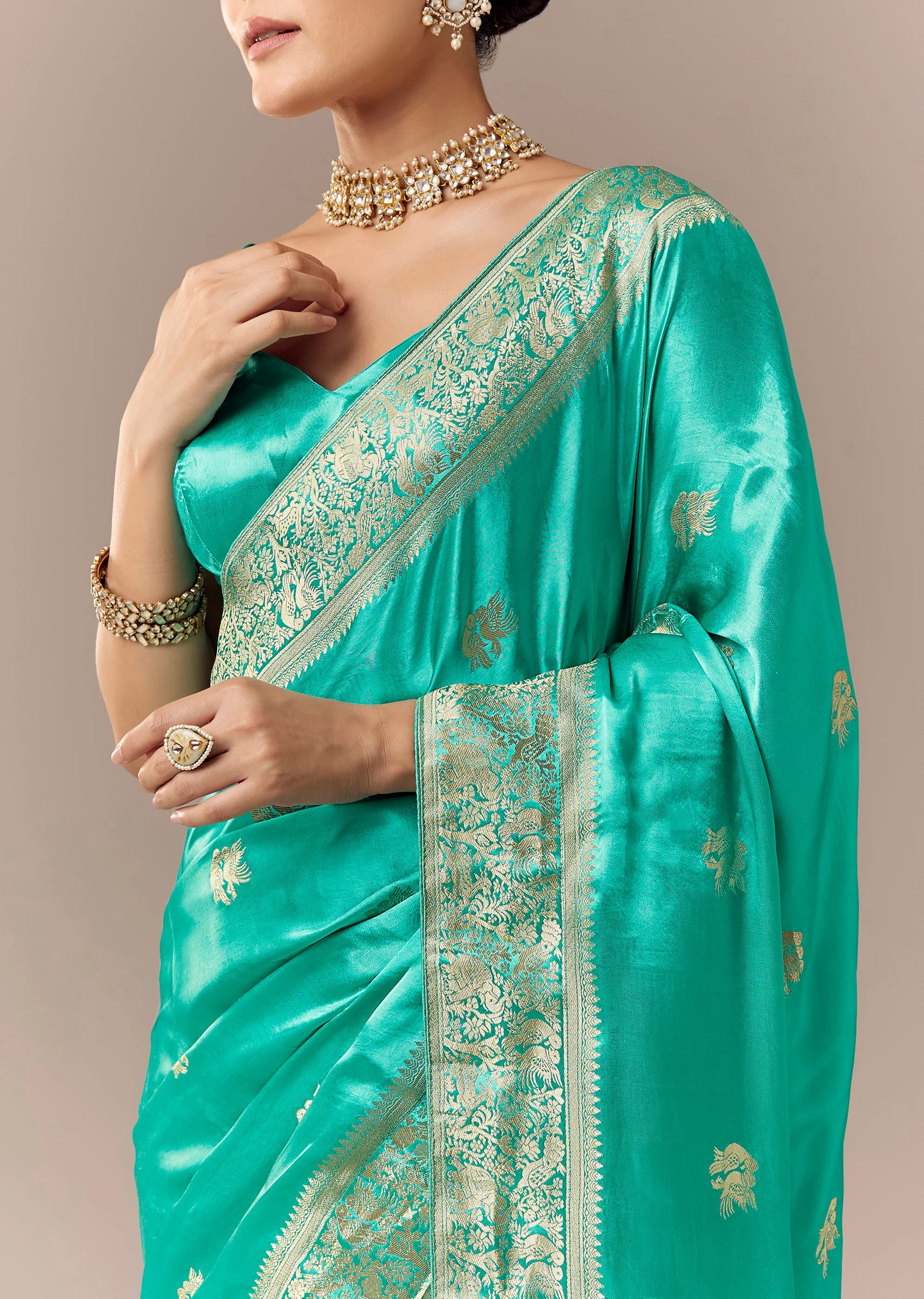 Turquoise Satin Silk Saree with Bird Motif Zari Weave - Image 2