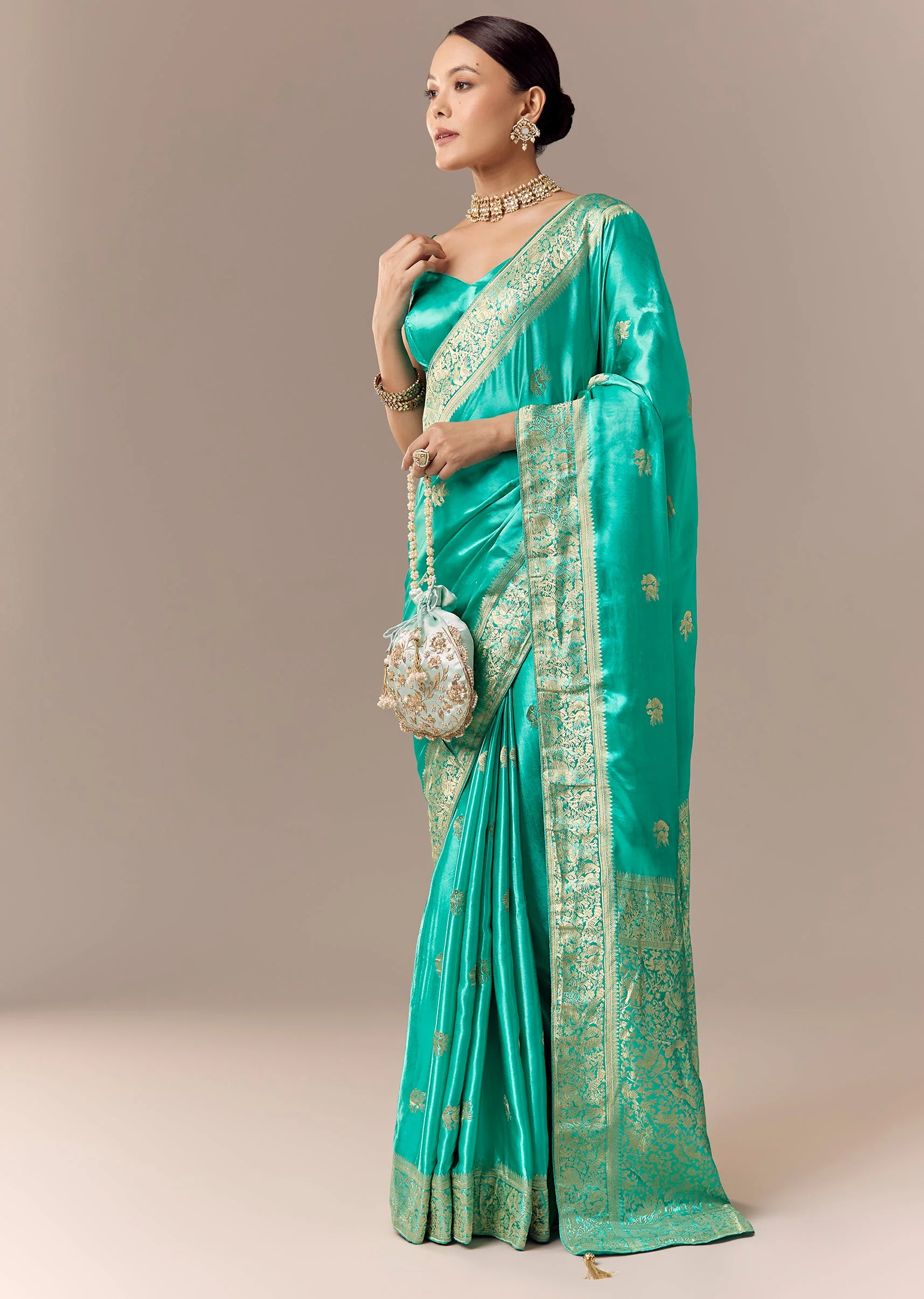 Turquoise Satin Silk Saree with Bird Motif Zari Weave - Image 3