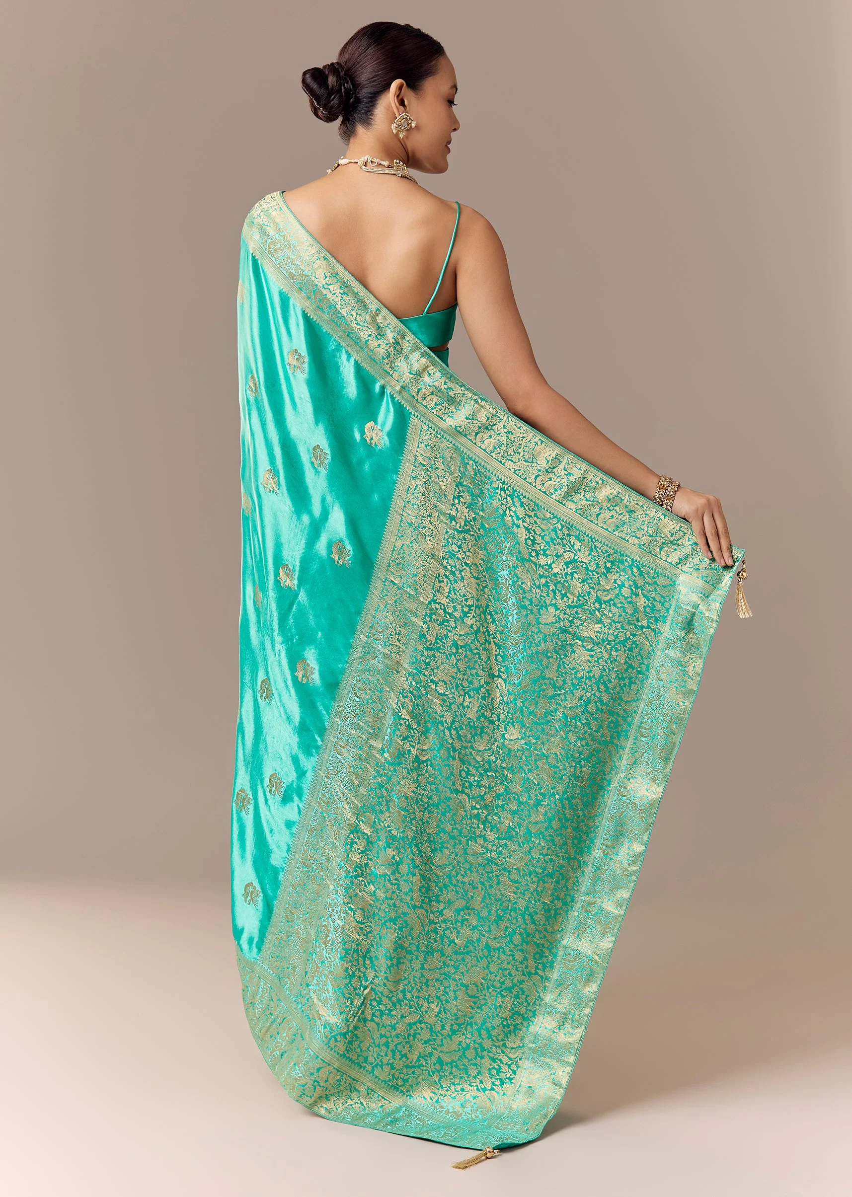 Turquoise Satin Silk Saree with Bird Motif Zari Weave - Image 4