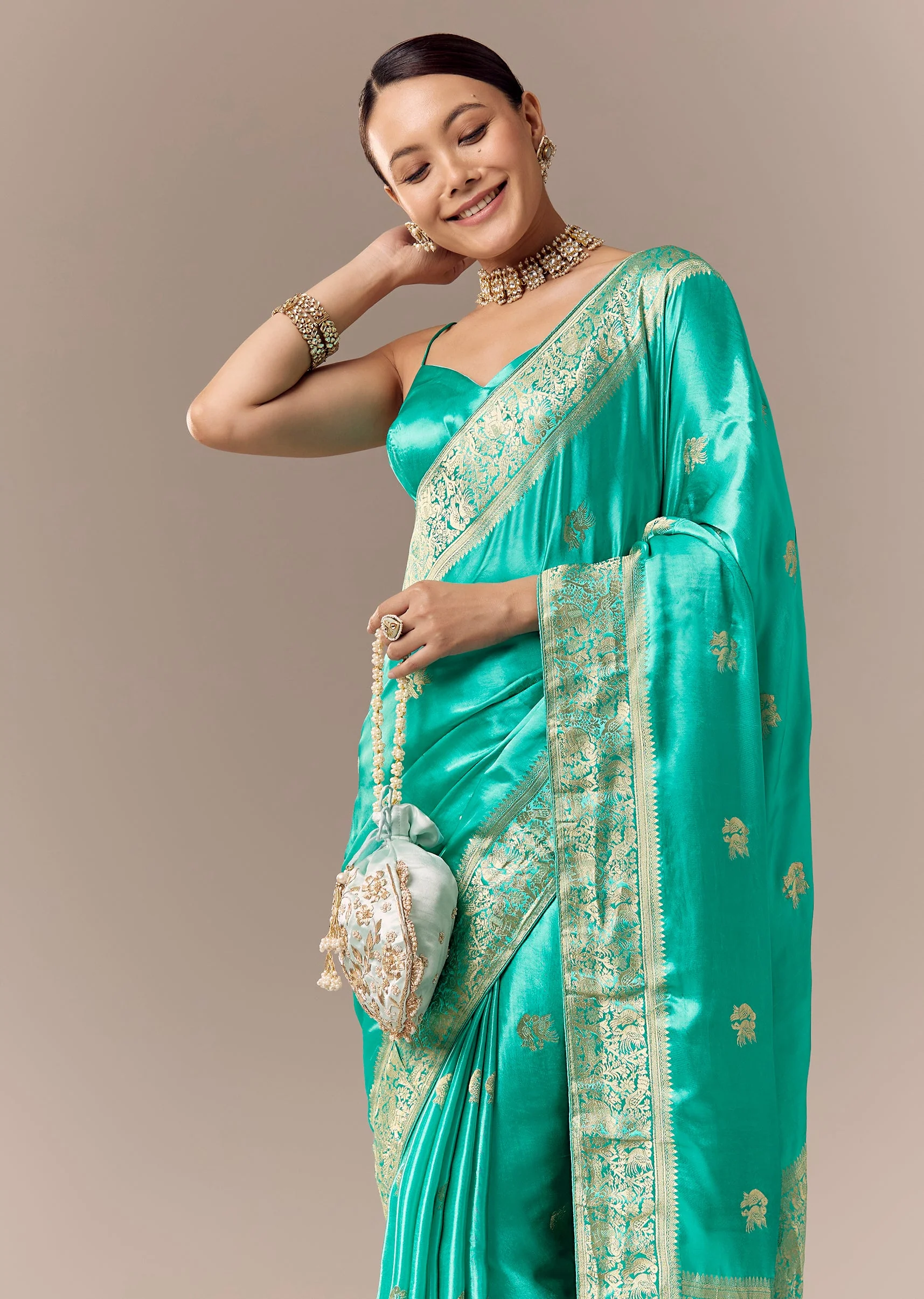 Turquoise Satin Silk Saree with Bird Motif Zari Weave - Image 5