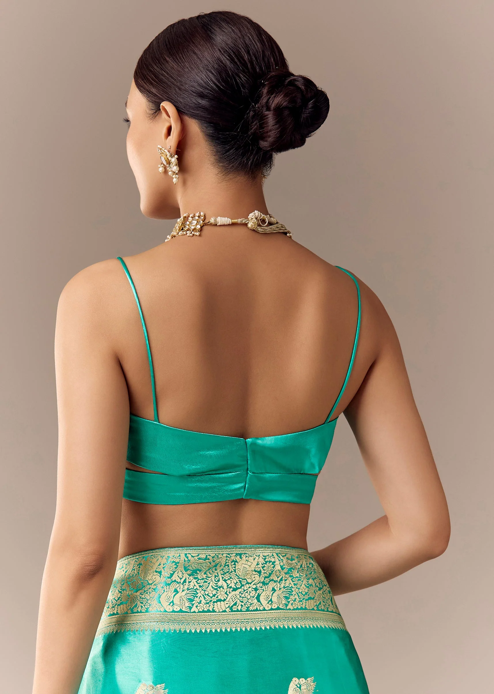 Turquoise Satin Silk Saree with Bird Motif Zari Weave - Image 8
