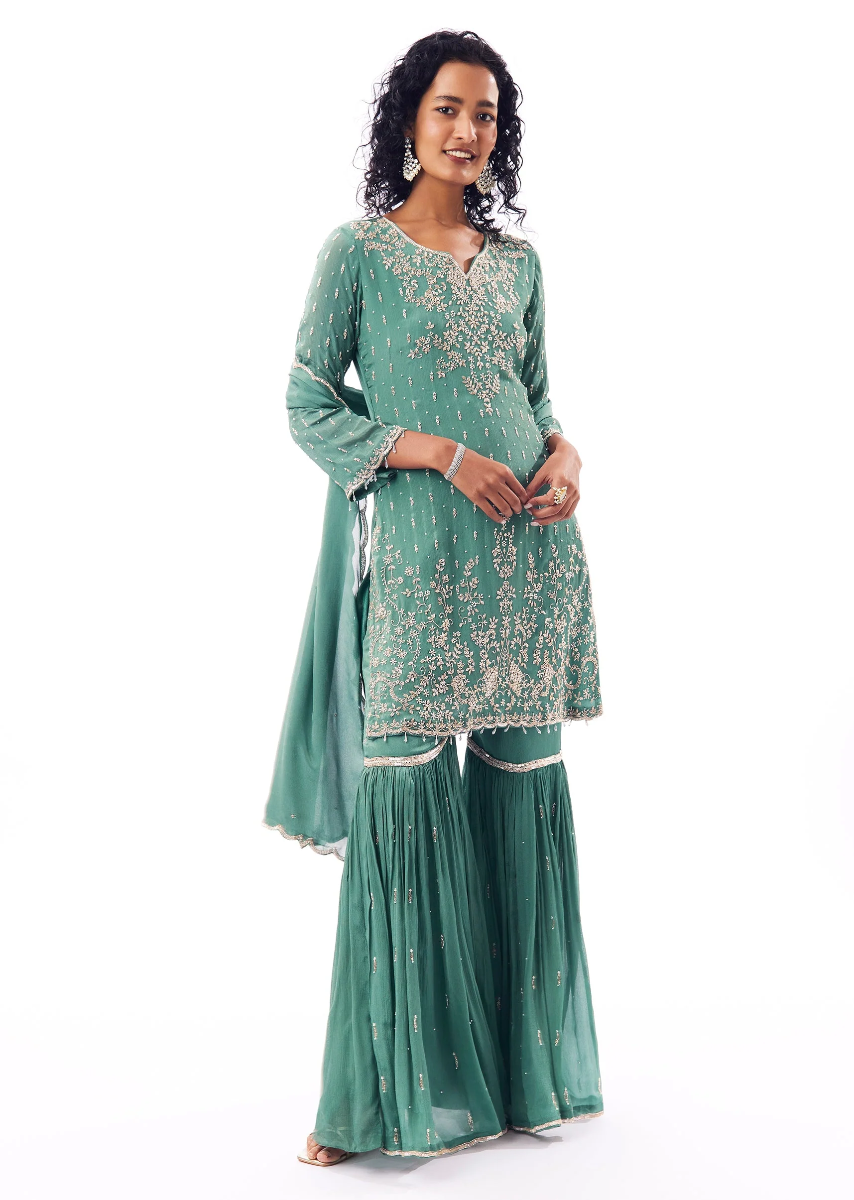 Turquoise Sharara Suit With Pakistani Style - Image 3