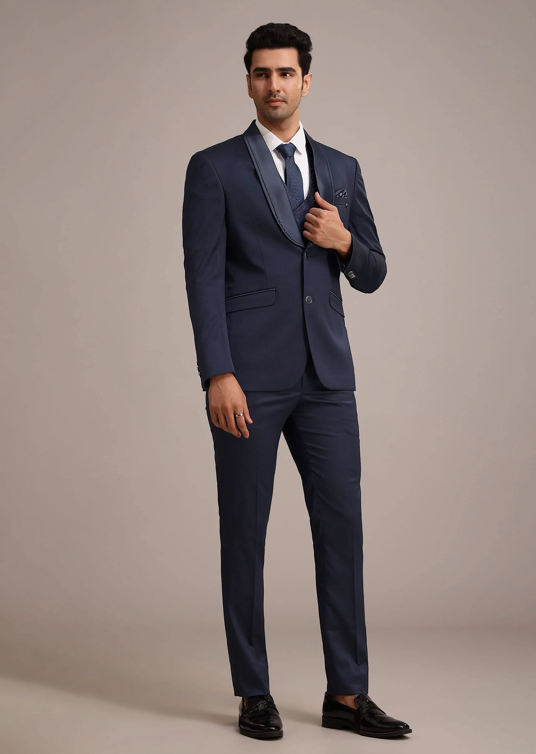 Tuxedo With Intricate Cut Work In Blue - Image 3