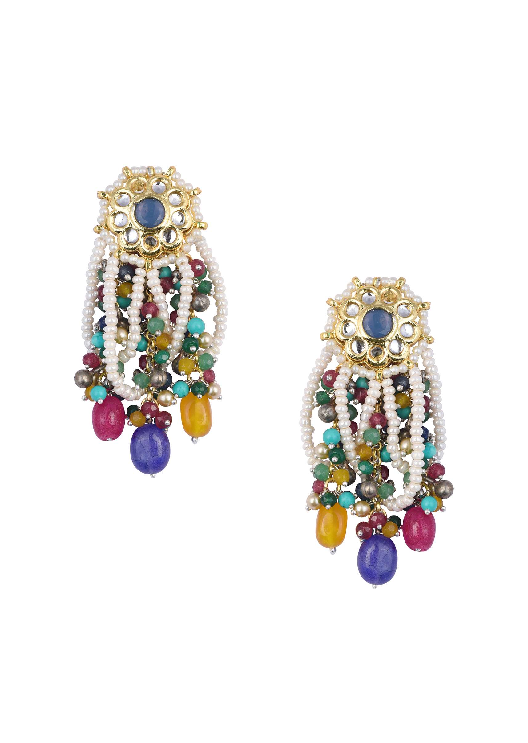 Two Tone Fusion Danglers With Multicolor Bead Drops And Meenakari - Image 3
