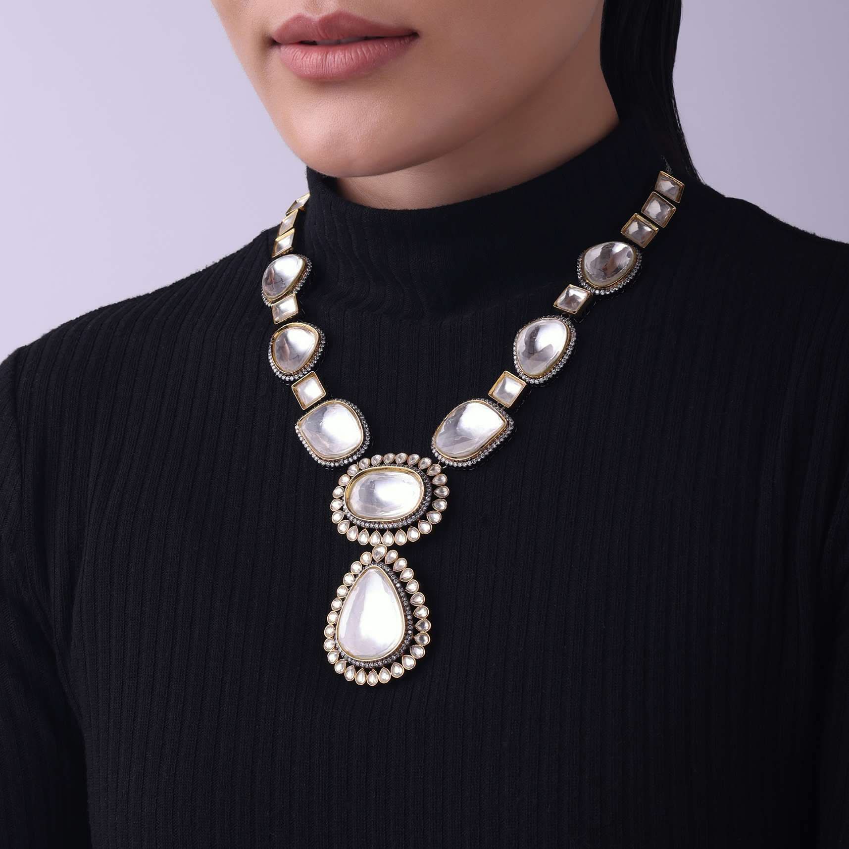 Two Tone Moissanite Kundan Long Necklace - Image 3