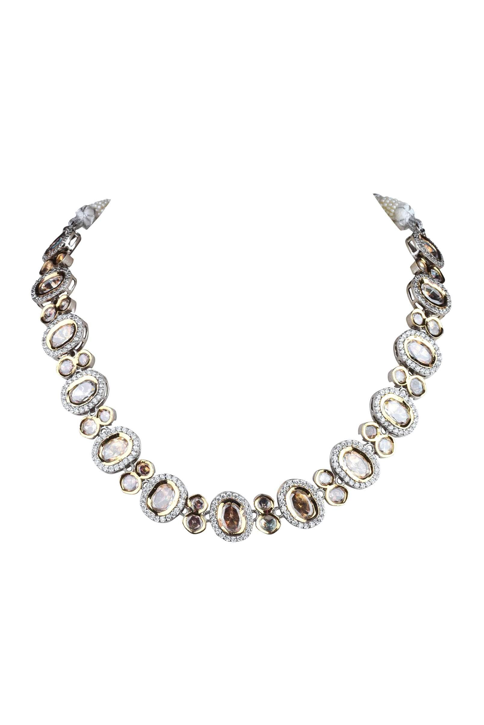 Two Tone Moissanite Kundan Short Necklace Set In Mix Metal - Image 7