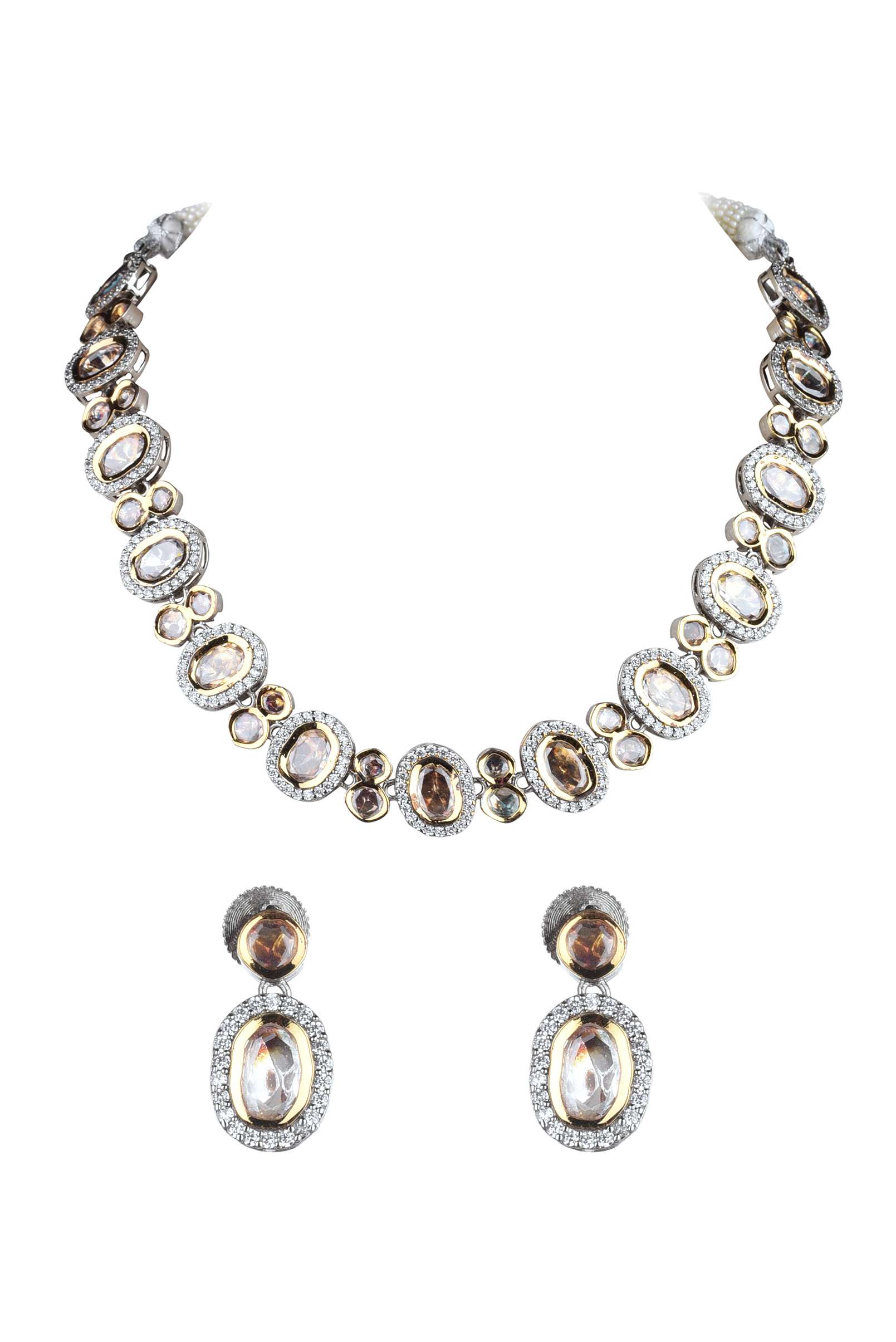 Two Tone Moissanite Kundan Short Necklace Set In Mix Metal - Image 8