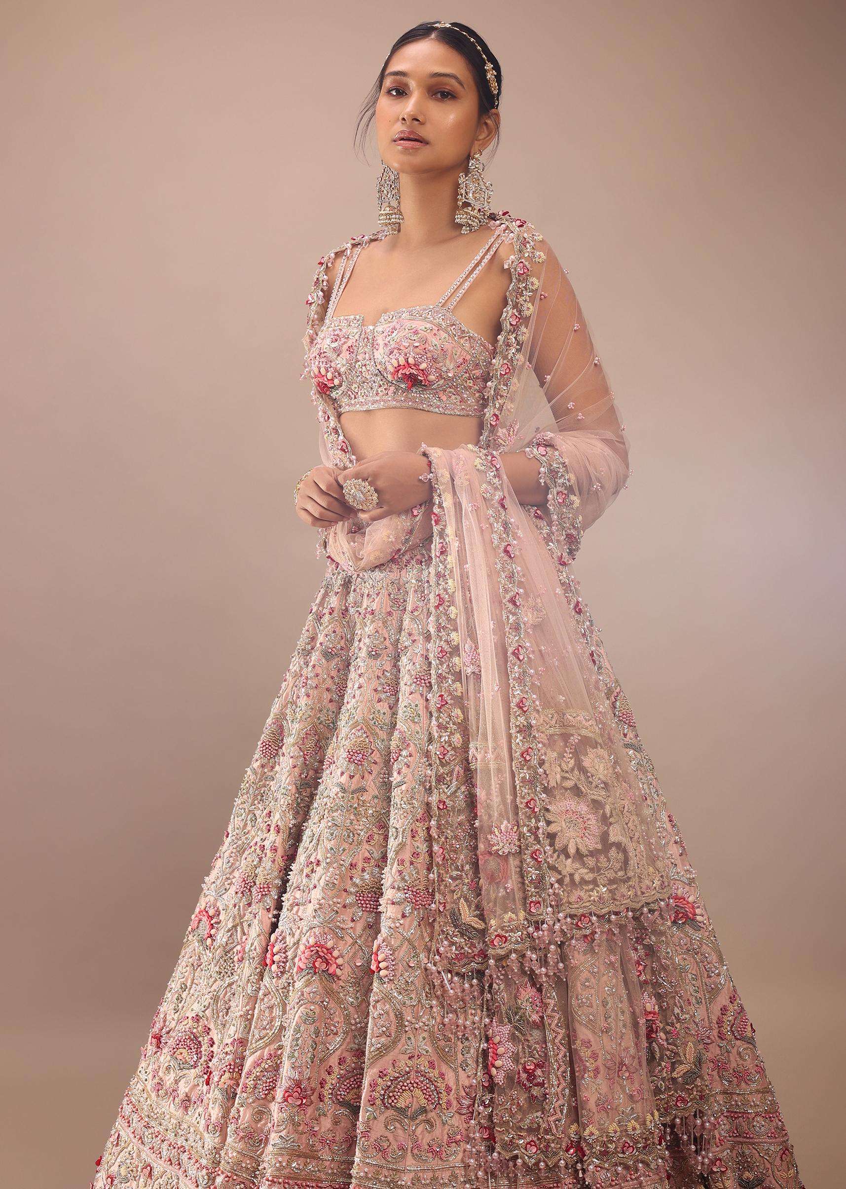 Charm Pink Rumi Lehenga Set With Matching Crop Top In 3D Flower Motifs And Abla Embroidery - Image 2