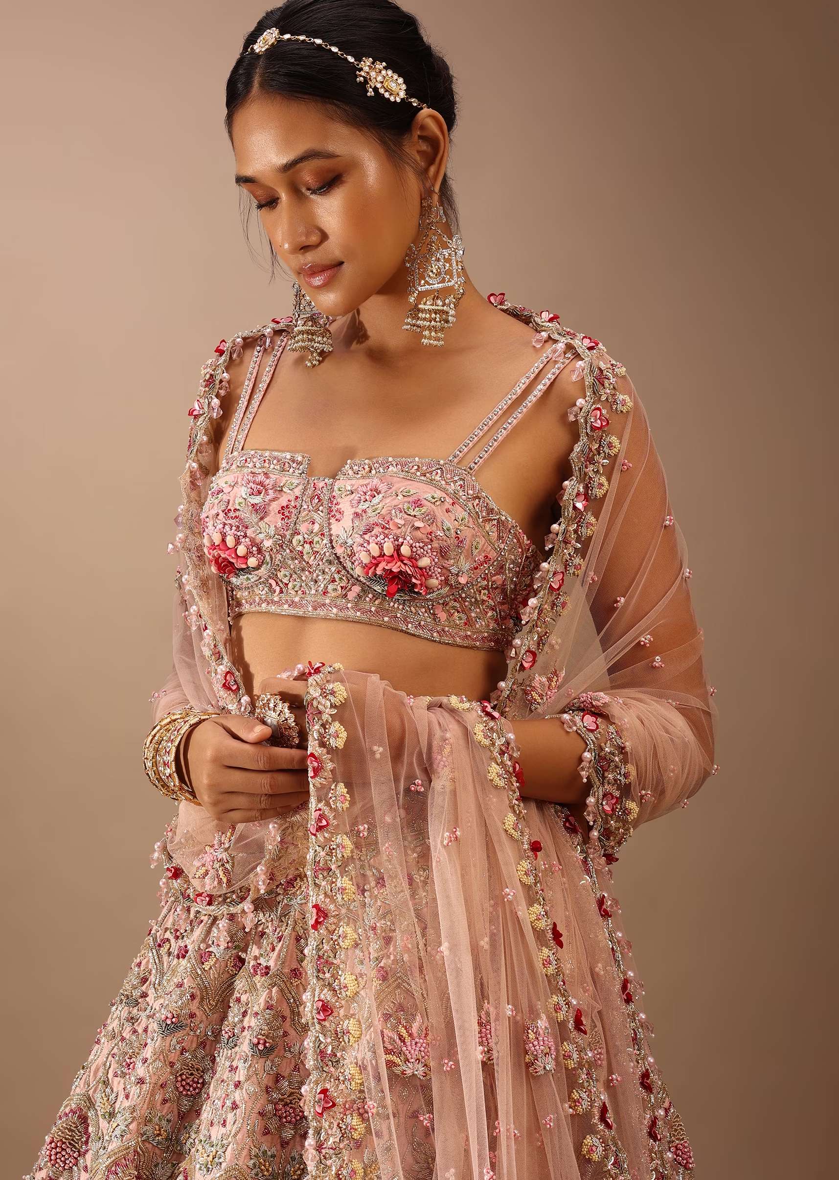 Charm Pink Rumi Lehenga Set With Matching Crop Top In 3D Flower Motifs And Abla Embroidery - Image 5