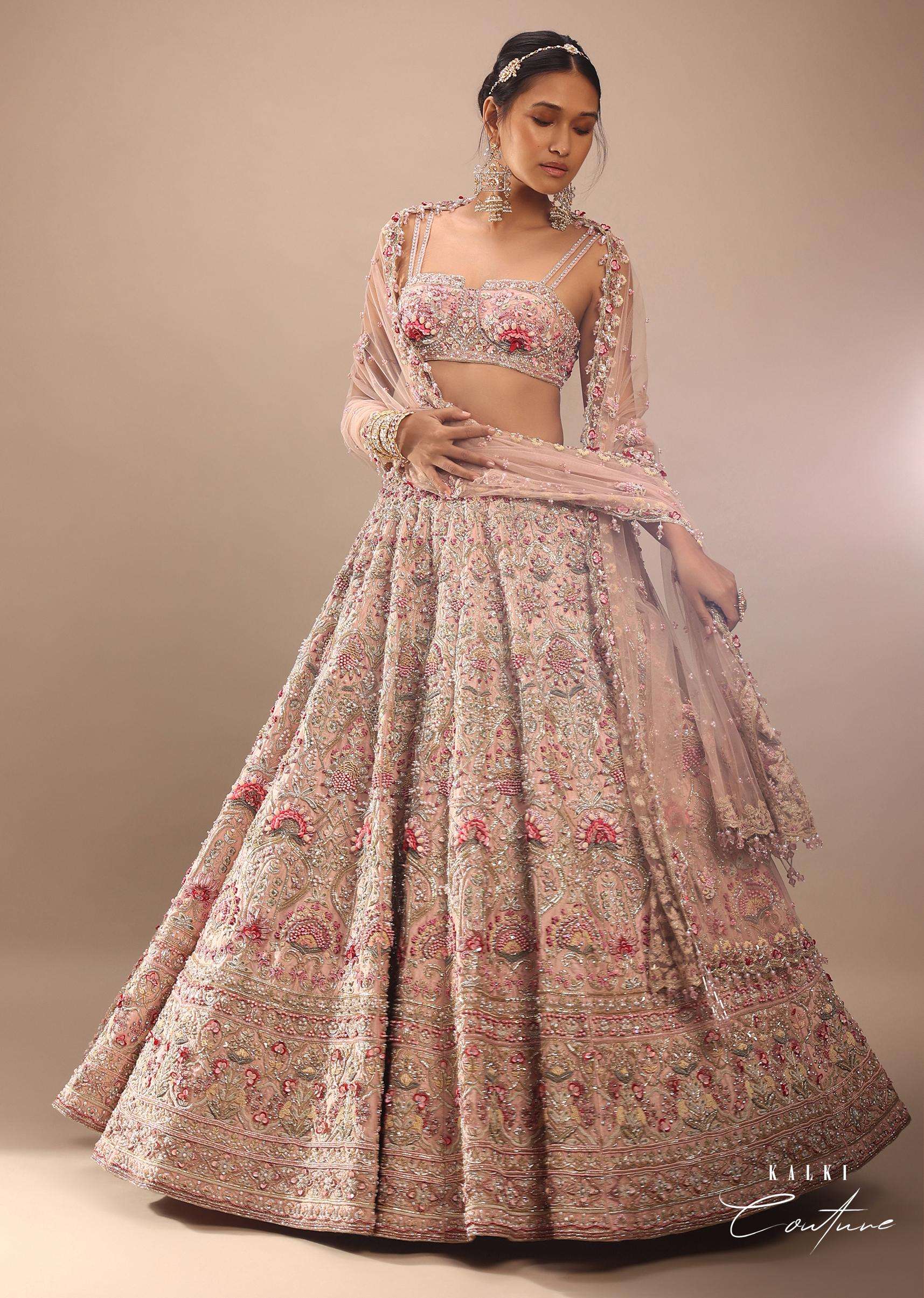 Charm Pink Rumi Lehenga Set In 3D Flower Motifs And Abla Embroidery, Crop Top Comes With The Similar Embroidery