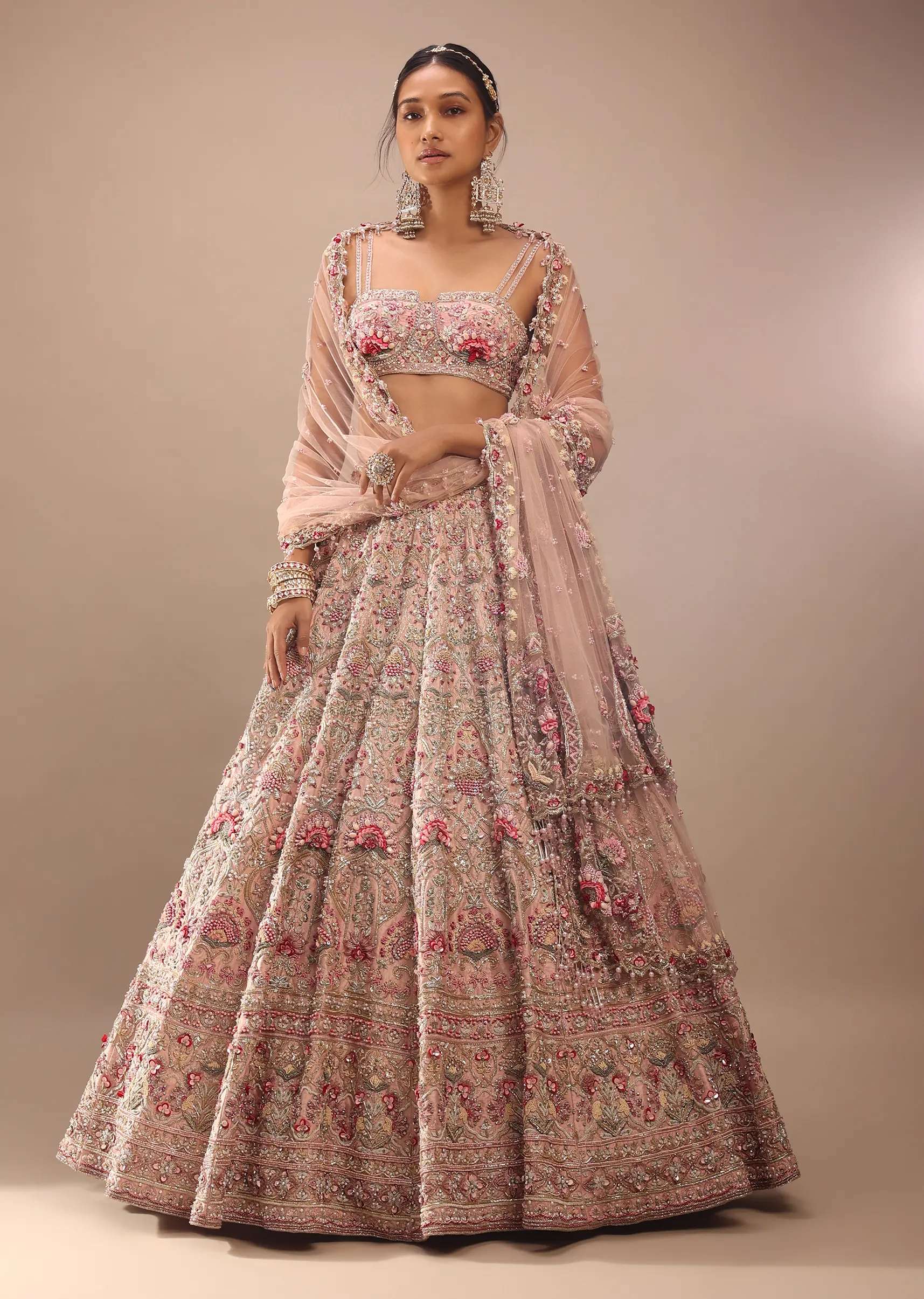Charm Pink Rumi Lehenga Set In 3D Flower Motifs And Abla Embroidery, Crop Top Comes With The Similar Embroidery - Image 3