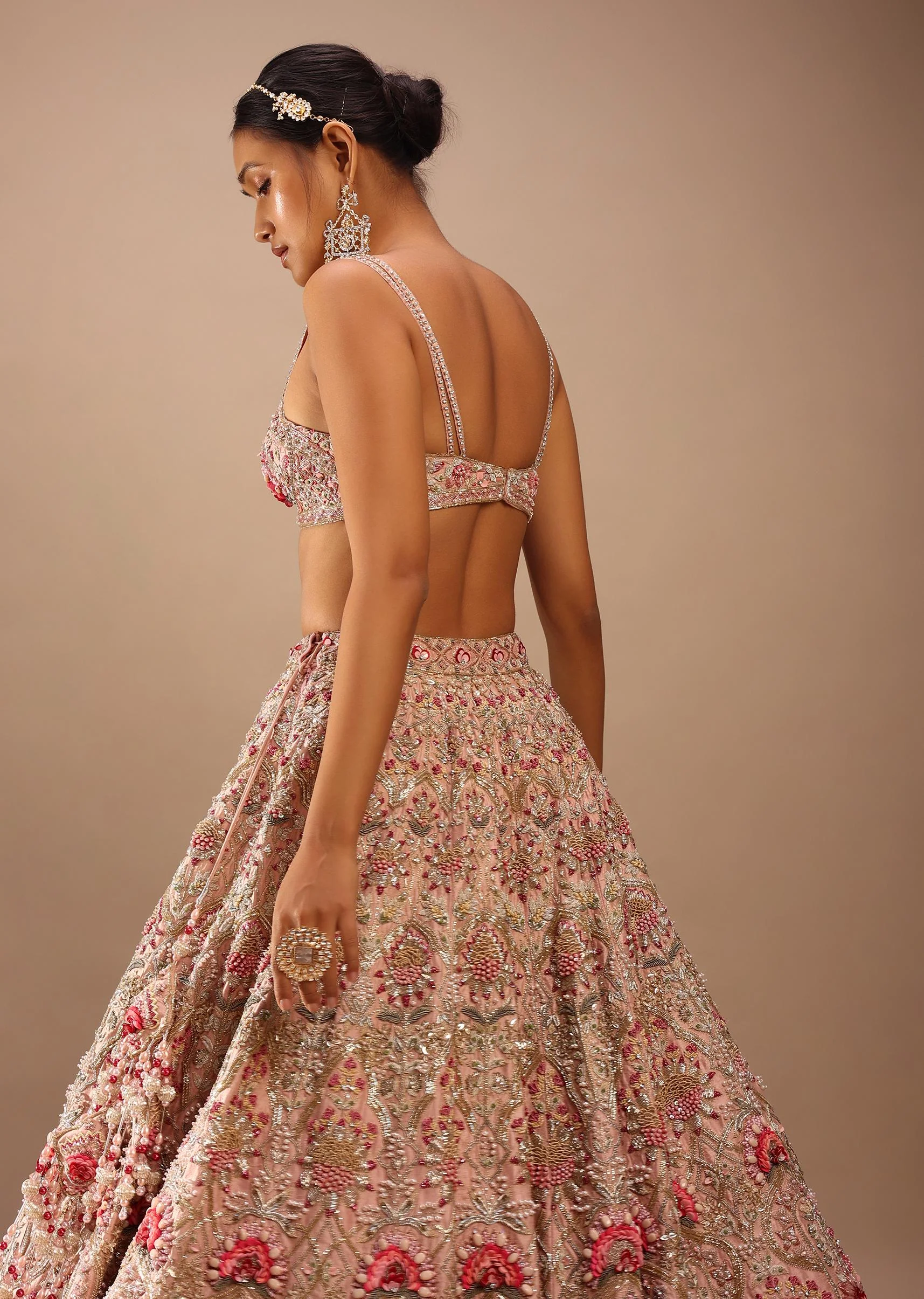 Charm Pink Rumi Lehenga Set In 3D Flower Motifs And Abla Embroidery, Crop Top Comes With The Similar Embroidery - Image 4