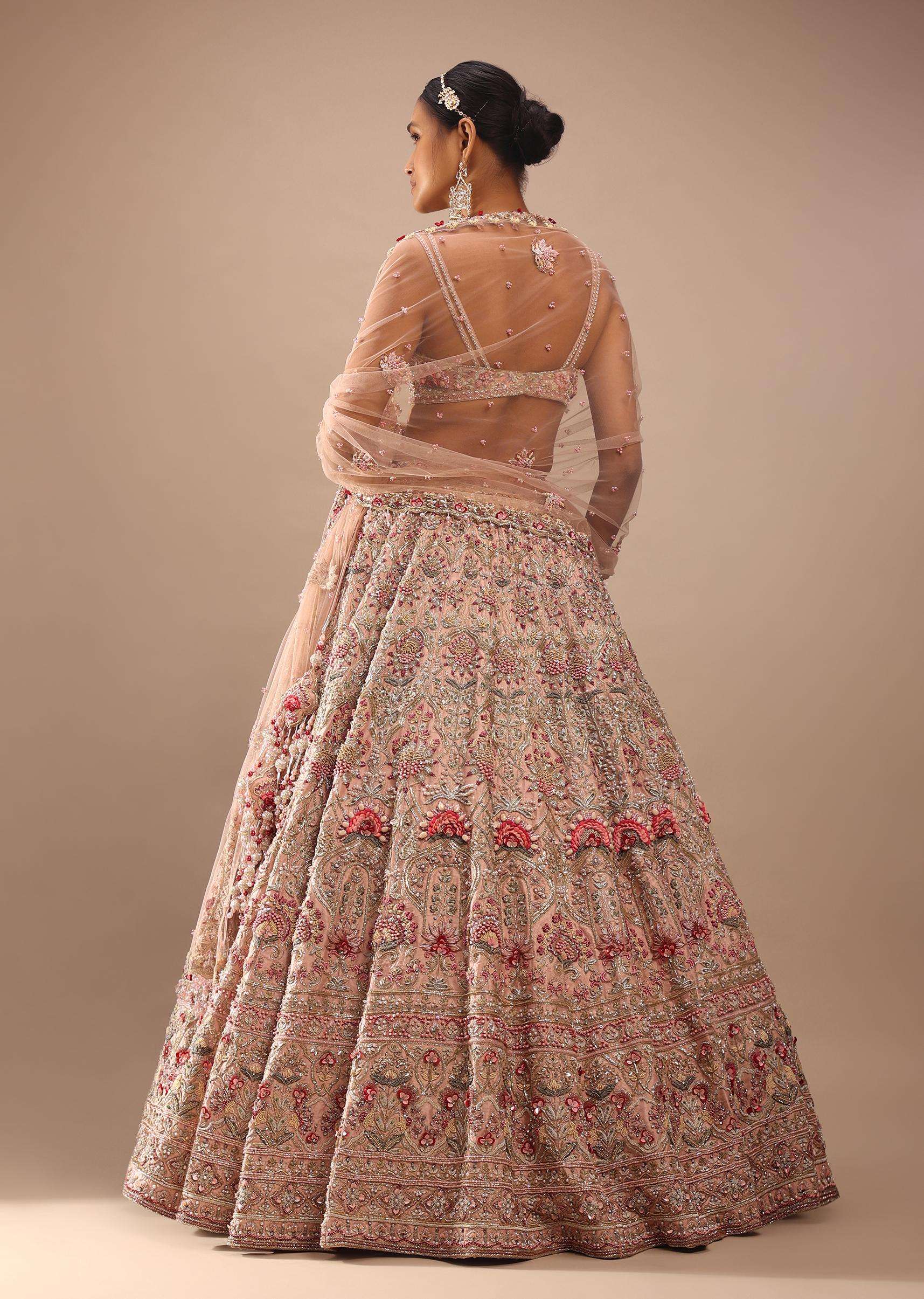 Charm Pink Rumi Lehenga Set In 3D Flower Motifs And Abla Embroidery, Crop Top Comes With The Similar Embroidery - Image 6