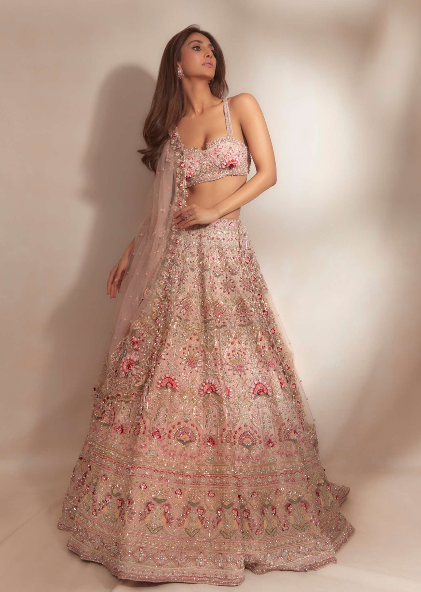 Charm Pink Rumi Lehenga Set In 3D Flower Motifs And Abla Embroidery, Crop Top Comes With The Similar Embroidery - Image 8